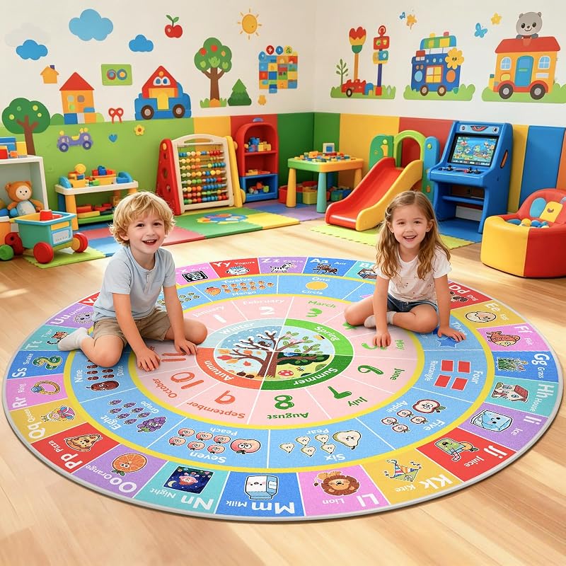 ABC Kids Rug for Playroom, 4ft Round Alphabet Small Classroom Rug | Non-Slip Washable Kids Play Rug, Educational Area Rug for Bedroom to Learn Numbers Shapes Seasons
