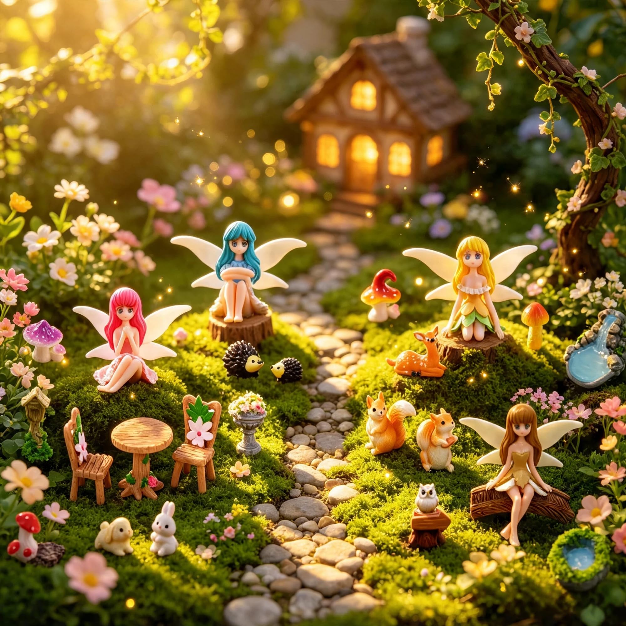 zatyorg 25pcs fairy garden accessories，Resin Miniature Garden Ornaments with Fairies Figures Garden Table and Chairs for Micro Landscape Plant Pots Dollhouse Decor