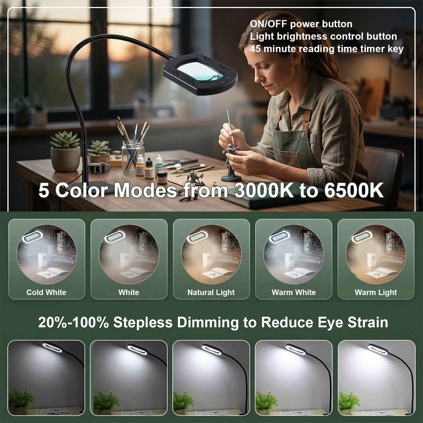 Lupa de 10 aumentos con luz y soporte, lupa 3 en 1 con luz LED, 5 modos de color, regulable, manos libres, flexible, cuello de cisne para leer, manualidades, pasatiempos, costura, trabajo cercano