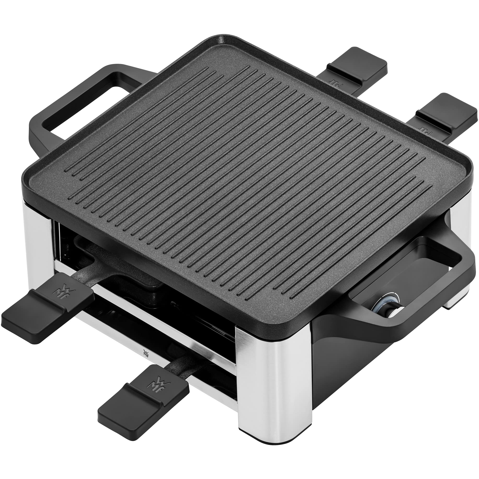 WMF Lono - Raclette Grill con Sartenes y Deslizadores, Raclette para 4 Personas, 870 W, Acero Inoxidable Mate