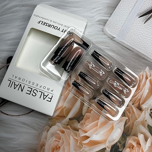 Miniatura 5 de Uñas postizas largas cuadradas a presión, uñas postizas 3D con pegamento de mariposa con diseños de diamantes de imitación, uñas artificiales negras