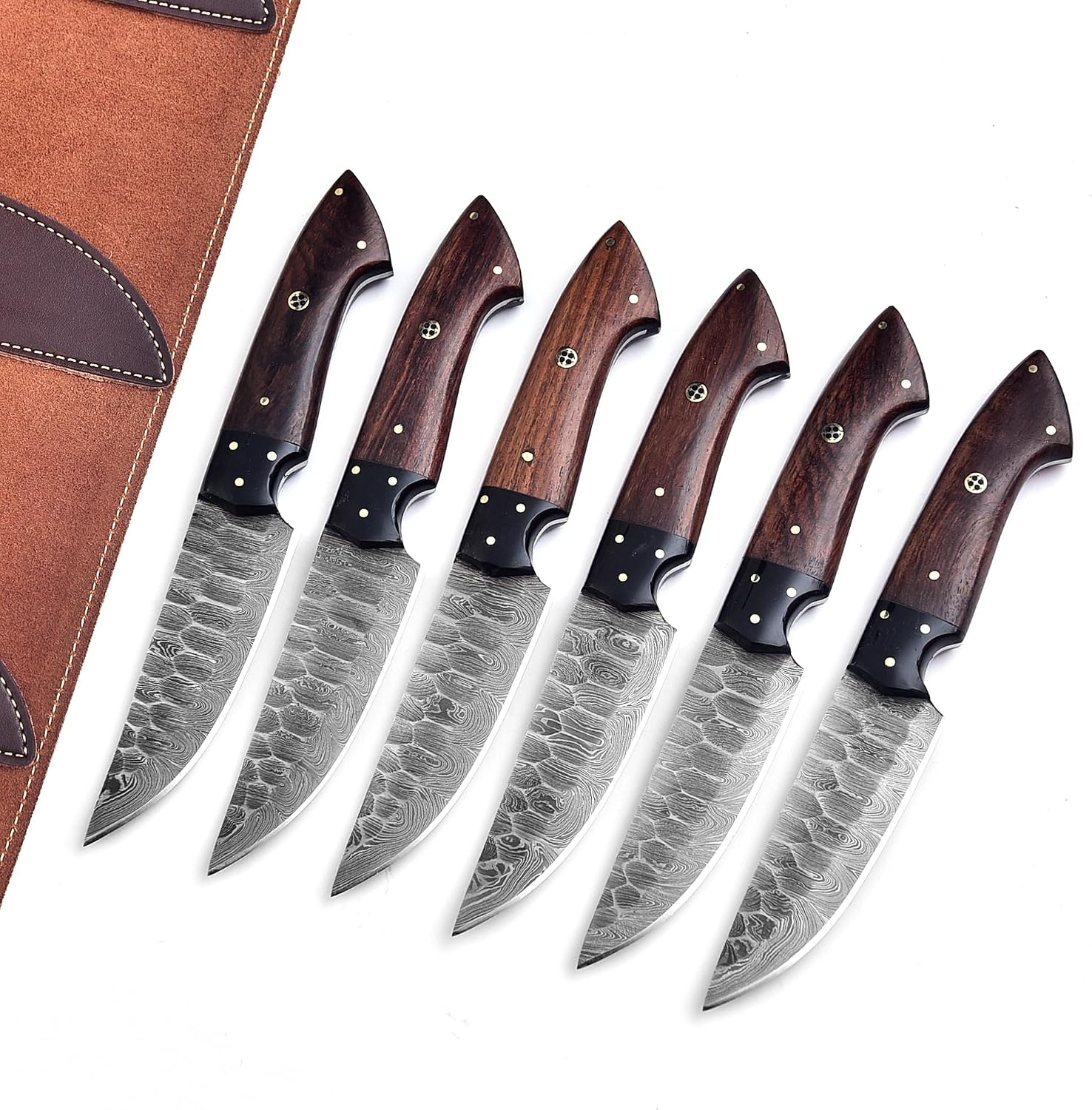 ESOL 6-Piece Professional Steak Knife Set – Handcrafted Damascus Pattern Steel Knives with Premium Desert Ironwood Handles – Includes Genuine Leather Sheath