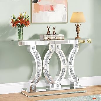 Silver Mirrored Console Table with Crushed Diamond Inlay 100 cm Long Narrow Hallway Table for Entryway Foyer Modern Glass Sofa Tables for Living Room