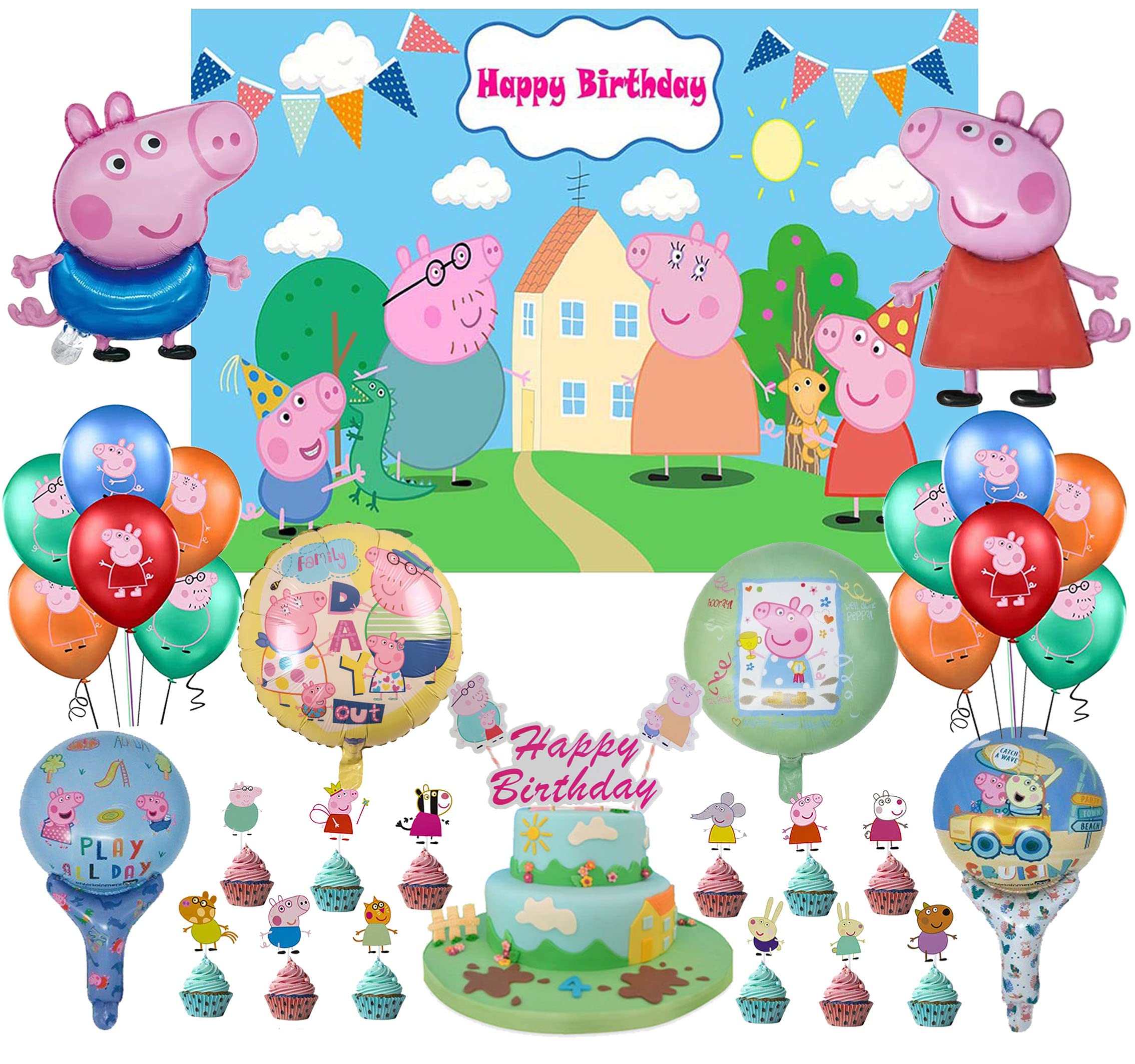 Pink Pig Birthday Balloons Birthday Foil Balloons Background Banner Cake Decorations