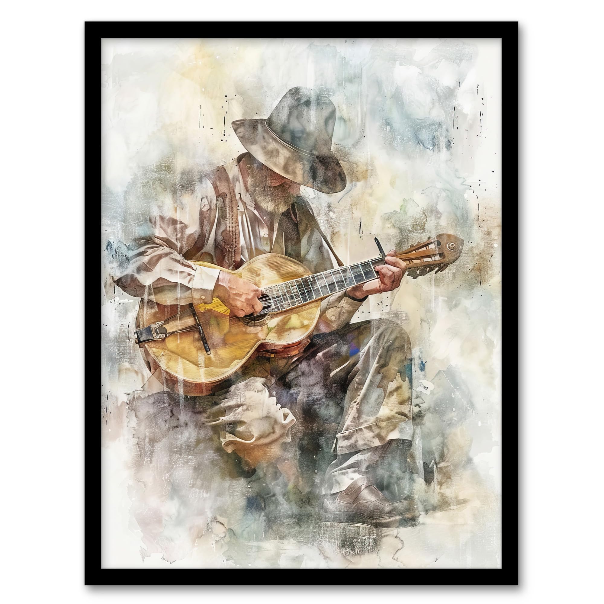 Artery8 Country Music Guitarist Watercolour Portrait Living Room Artwork Framed Wall Art Print A4