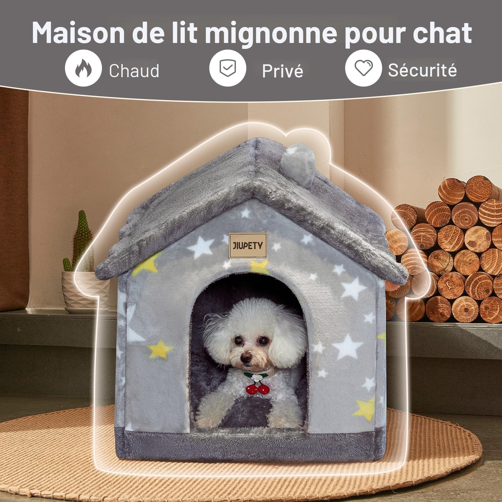 Jiupety Niche pour Chien Intérieur avec Motif Étoilé, Maison Chien Toit, Taille M, Grey Star