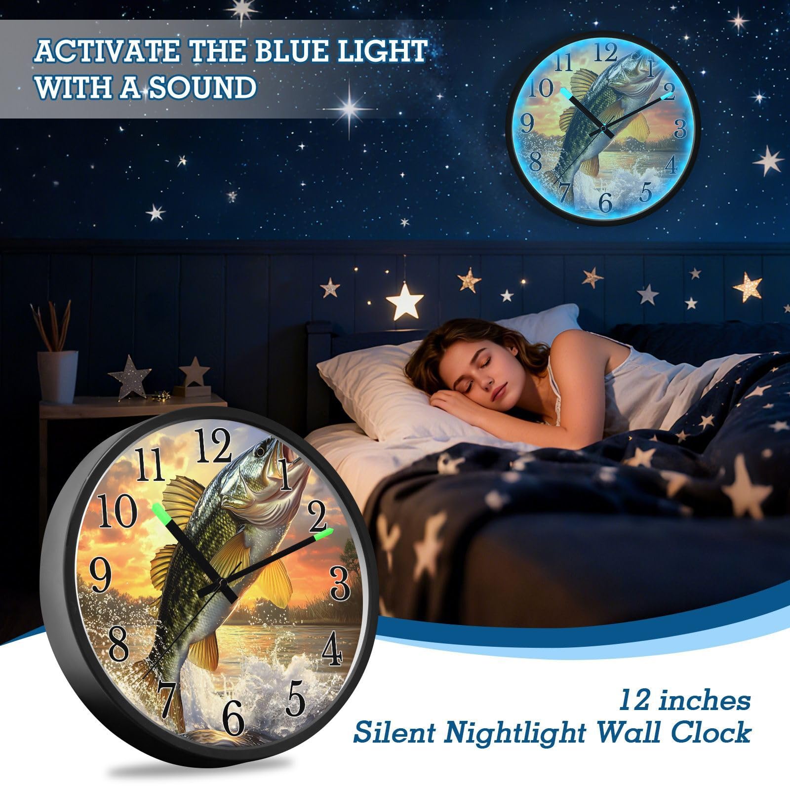 Mnsruu Reloj de pared luminoso de boca grande, reloj de pared que brilla en la oscuridad, funciona con pilas, silencioso, sin tictac, luz nocturna para dormitorio