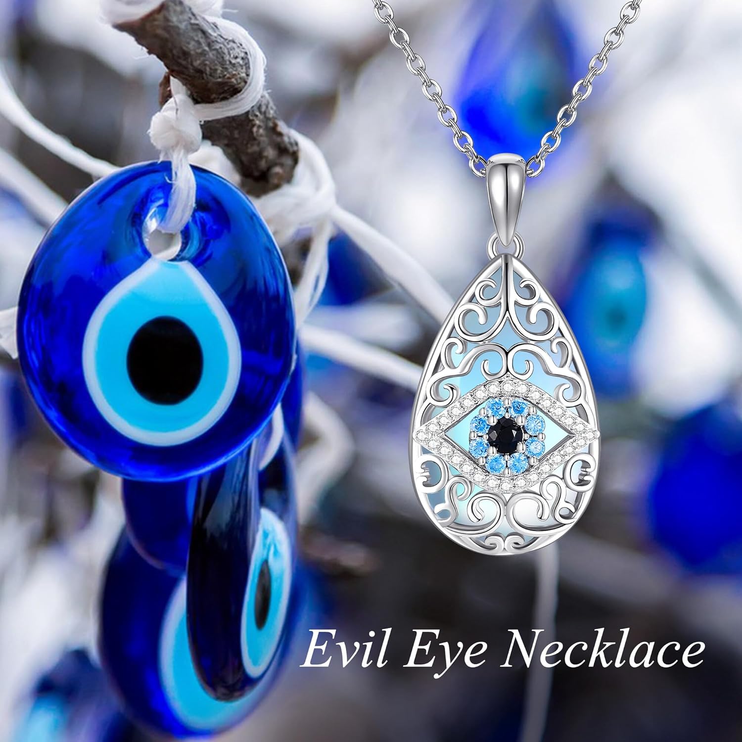 Evil Eye Necklace 925 Sterling Silver Moonstone Evil Eye Pendant Necklace Evil Eye Lucky Protection Jewelry Gifts for Women - Image 6