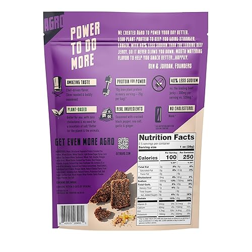 Miniatura 5 de AGRO Power Jerky, 0.88 oz de proteína, 40% menos de sodio, carne seca vegana y sin carne, paquete de 2, teriyaki a la parrilla