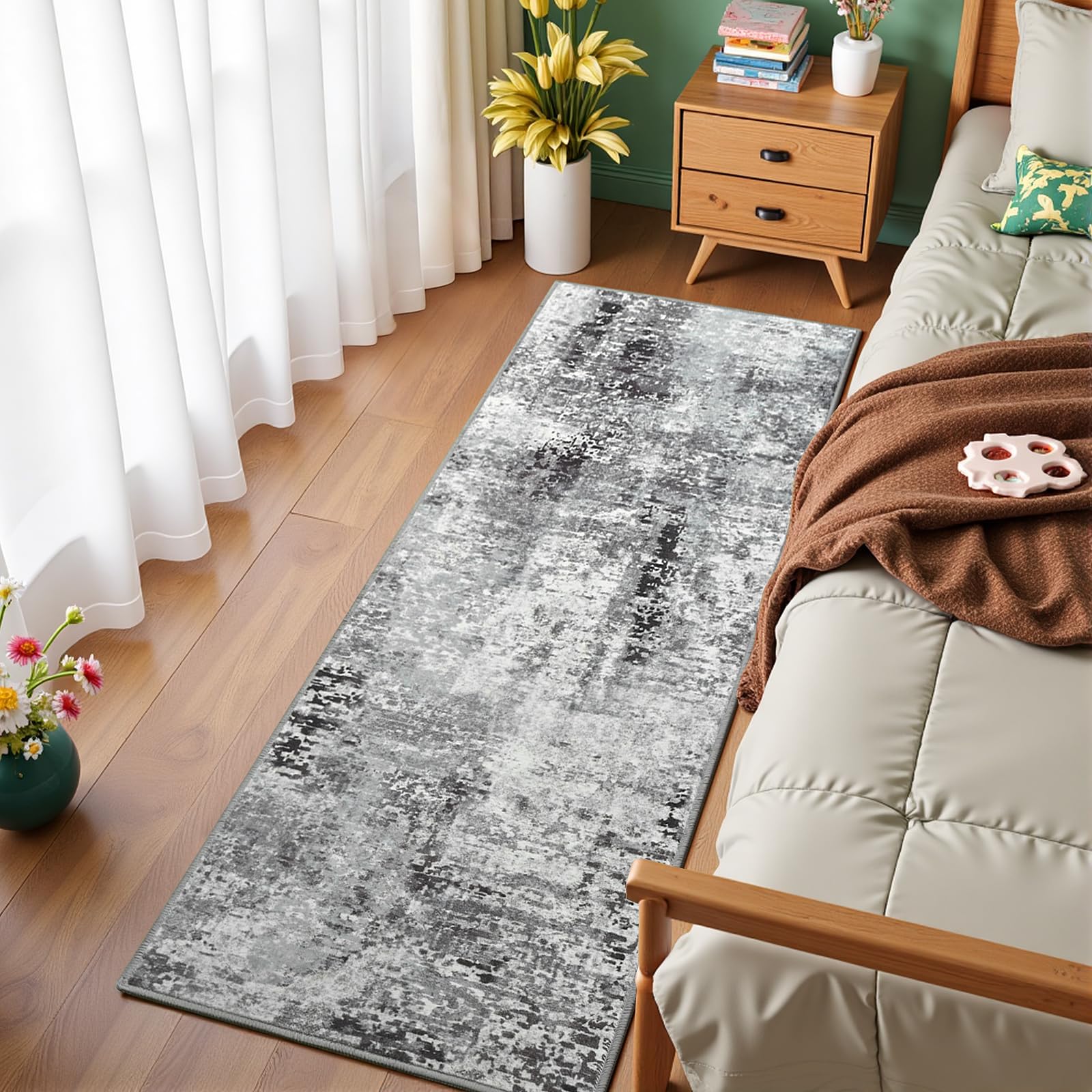 Flagover Dark Grey Washable Runner Rug for Bedroom, Abstract Non-Slip Soft Entryway Rugs, Modern Low Pile Stain Resistant 2x6 Carpet for Entryway,