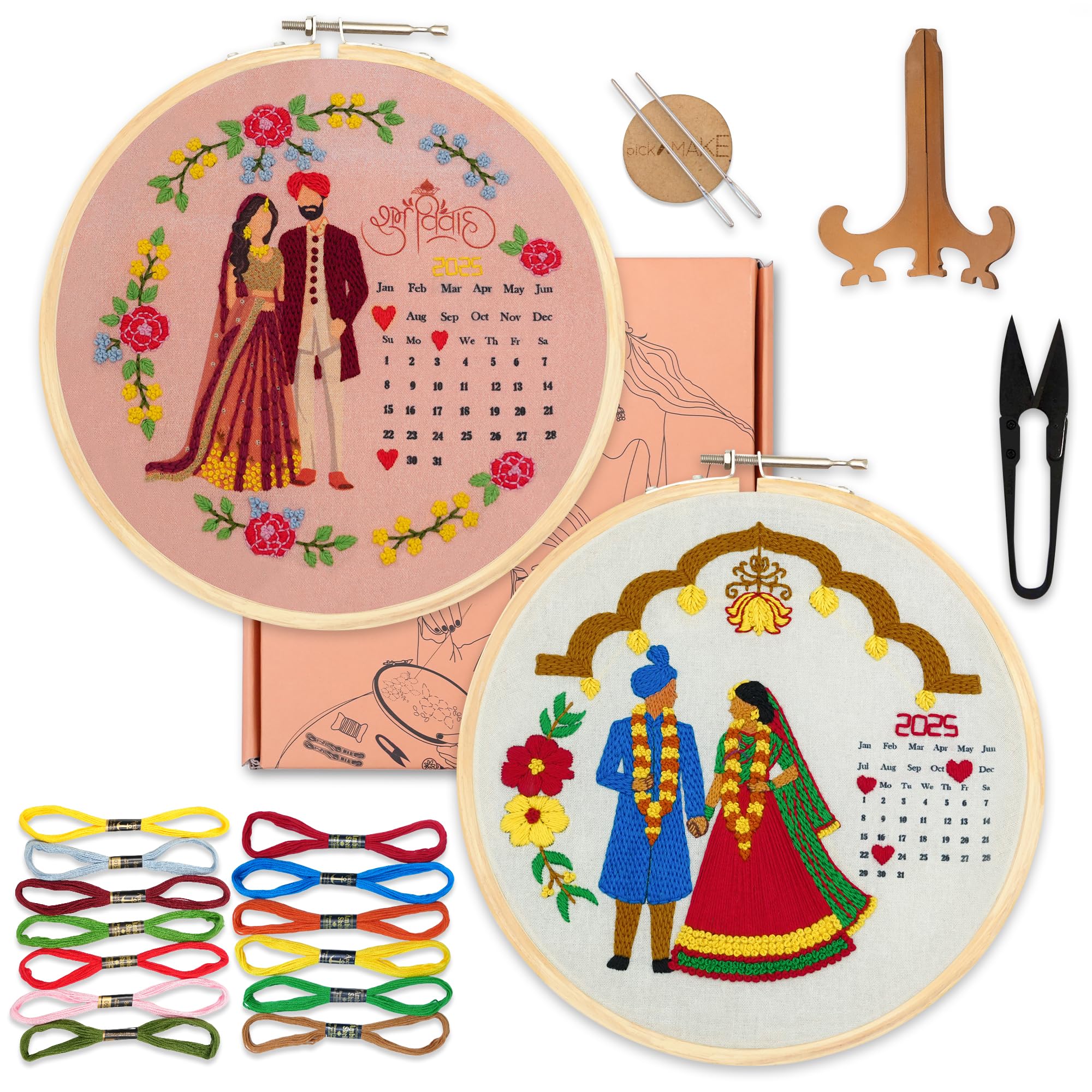 picknmake diy hand embroidery combo kit for beginners | shubh vivah & mandap ceremony calendar designs | printed fabric, frame, threads & tools | wedding keepsake | new hobby kit | pack of 2