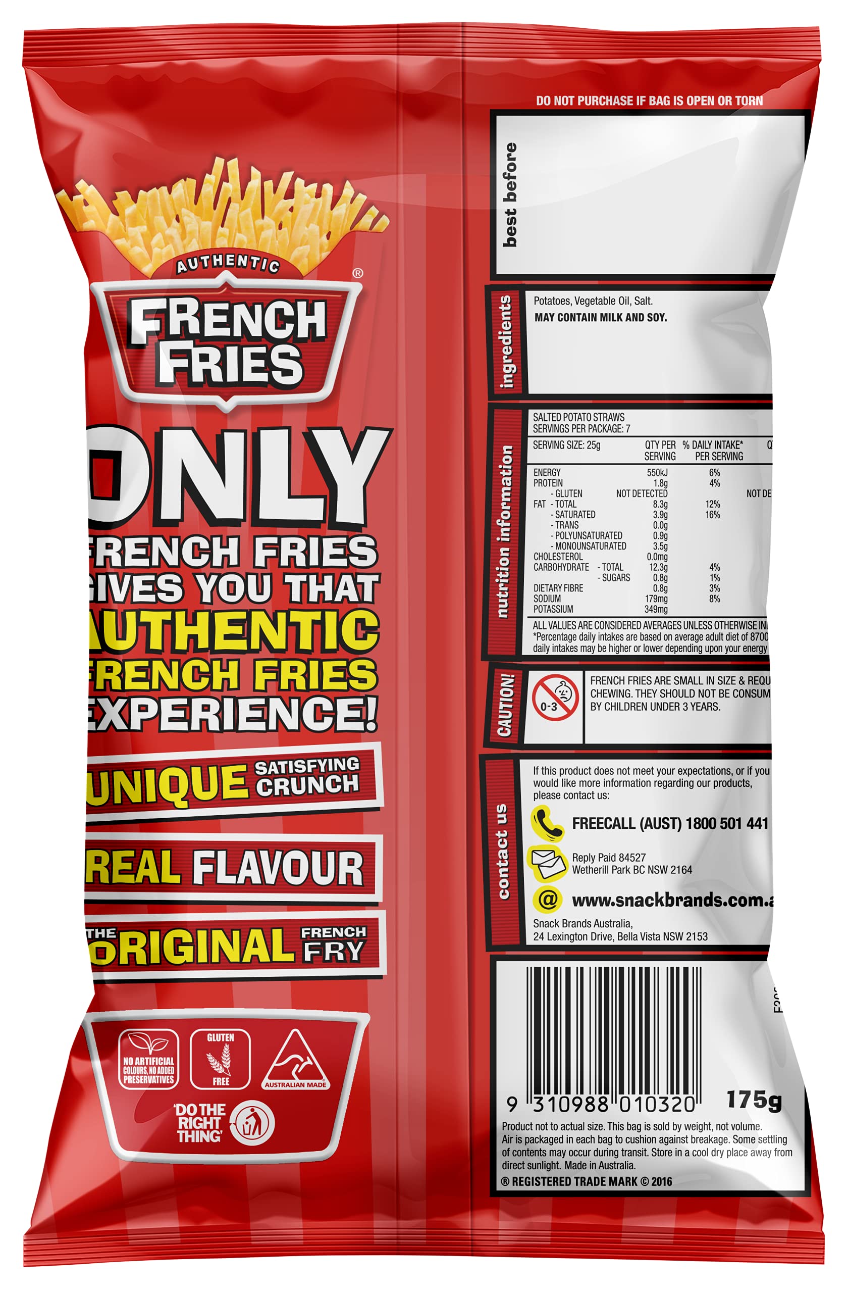 French fries nutrition label