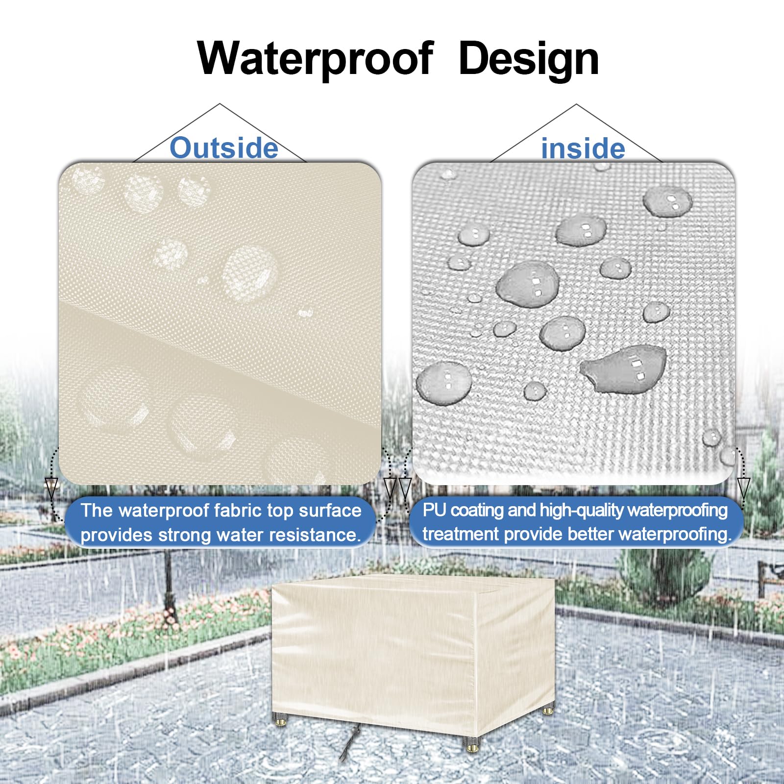 Copertura Tavolo Esterno Impermeabile 260x140x90cm,Panno 420D Oxford,Copertura per Tavolo da Giardino Quadrato,Telo Copri Tavolo da Esterno Anti-UV Antivento,Beige