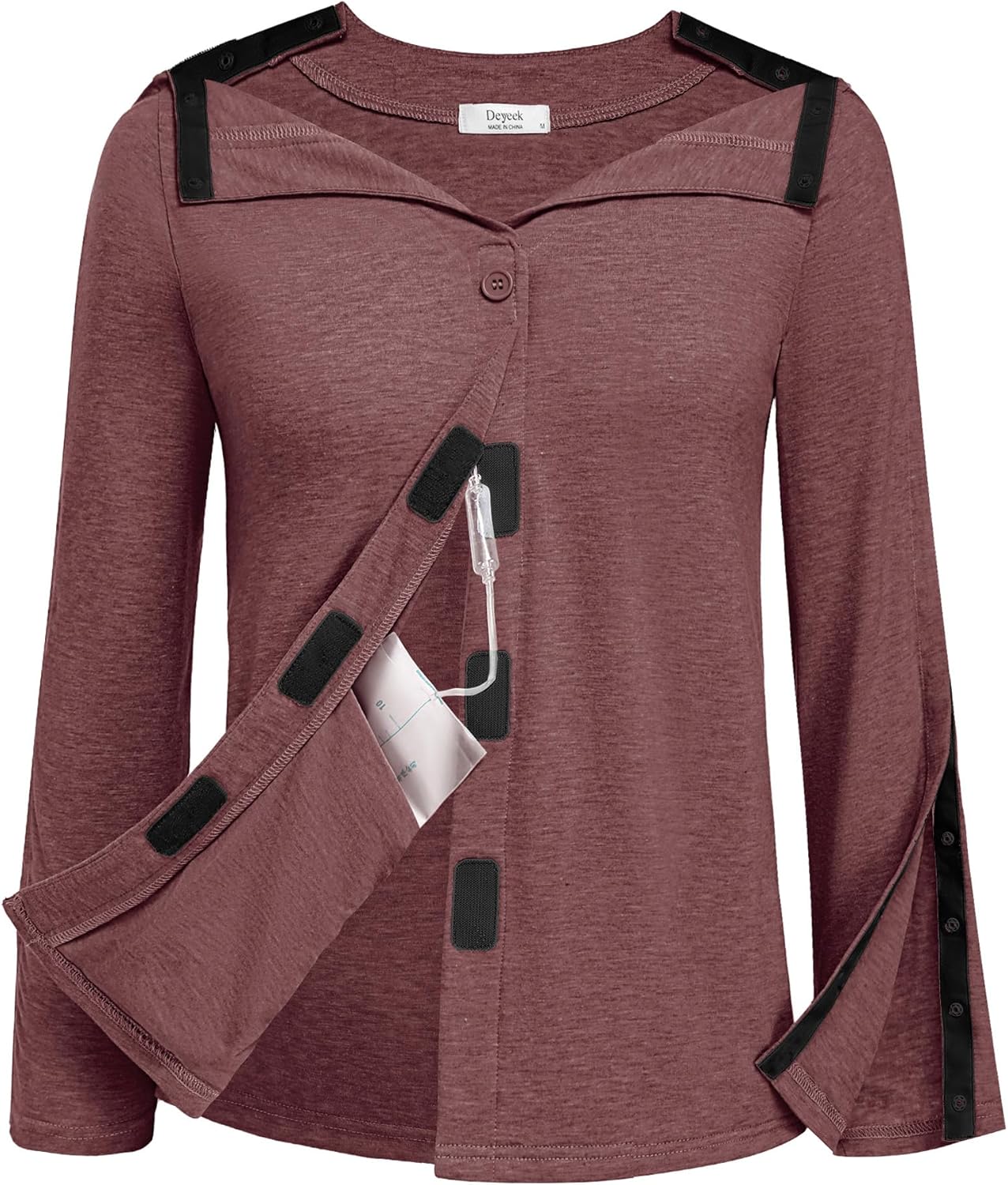 Deyeek Mastectomy Shirts with Drain Pockets Tear Away Side Snap Post Shoulder Surgery Shirts Women Chemo Port Dialysis Shirt