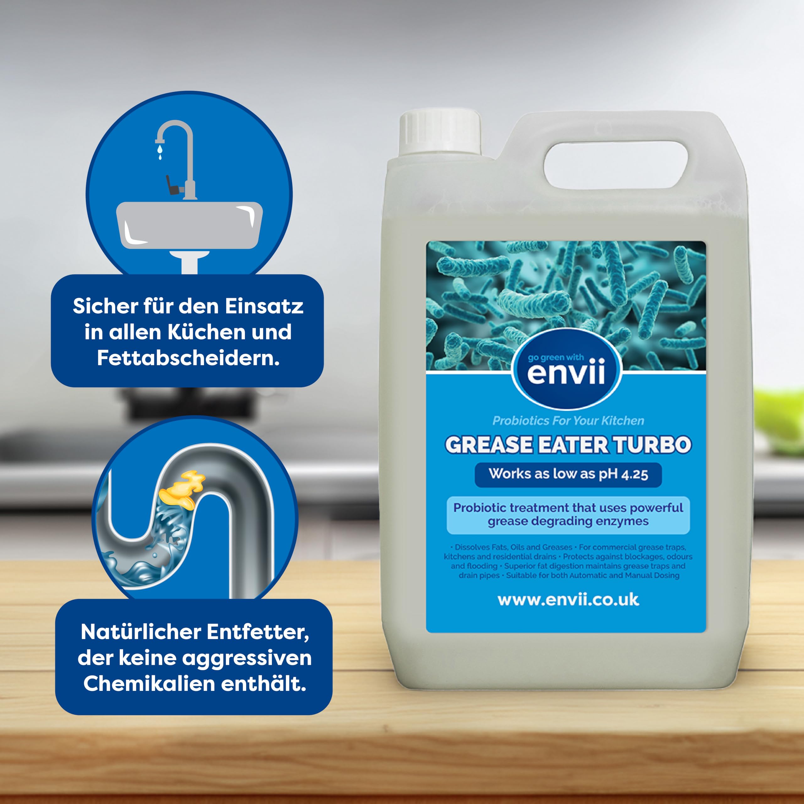 Grease Eater Turbo - Enzym Rohrreiniger 5L (5000ml) - Extra Starker Abflussreiniger gegen Fett, Öl & Essensreste - Profi Enzymreiniger für Küche, Waschbecken & Siphon - Kraftvoller Fettlöser