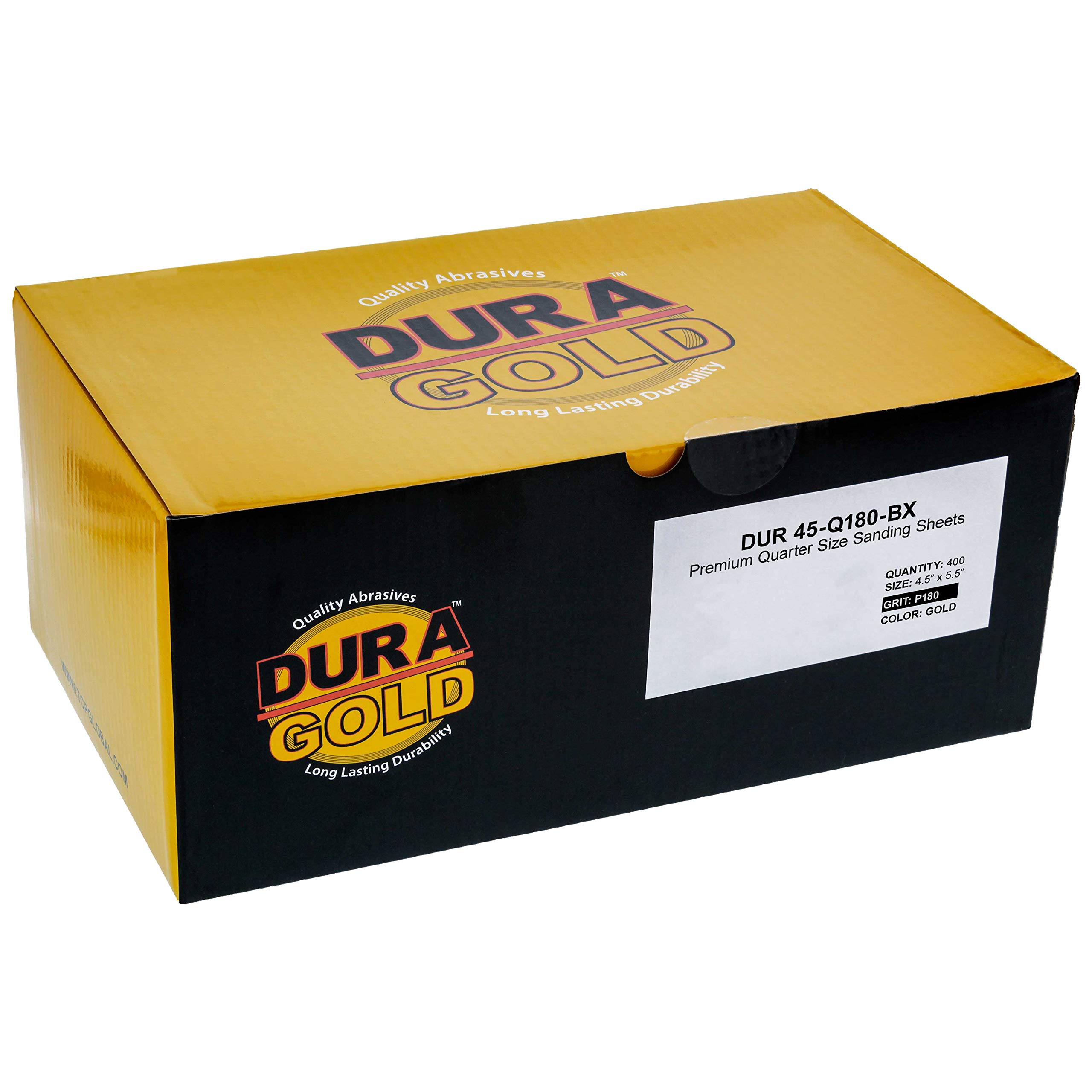 Dura-Gold - Papel de lija de grano 180 dorado - 1/4 hoja de papel de lija liso 5.5" x 4.5" - para lijadoras de palma automotriz y carpintería - Caja de 400