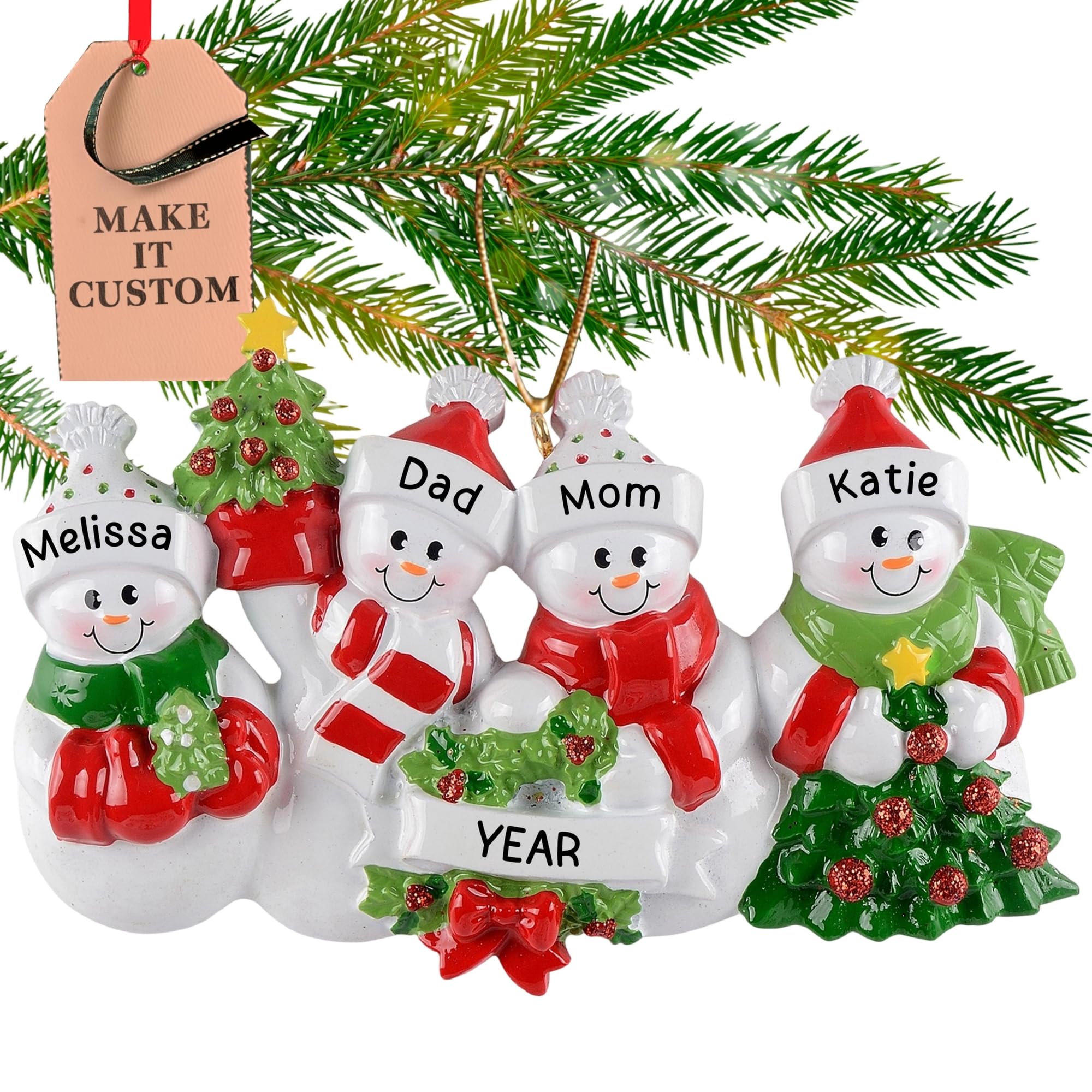 Holiday Traditions Multicolor Personalised Family Of 4 Ornament 2025 – Fast & Free 24H Customisation – Christmas Ornaments For Tree – Custom Gift Wrapped Snowman Keepsake For Four Persons