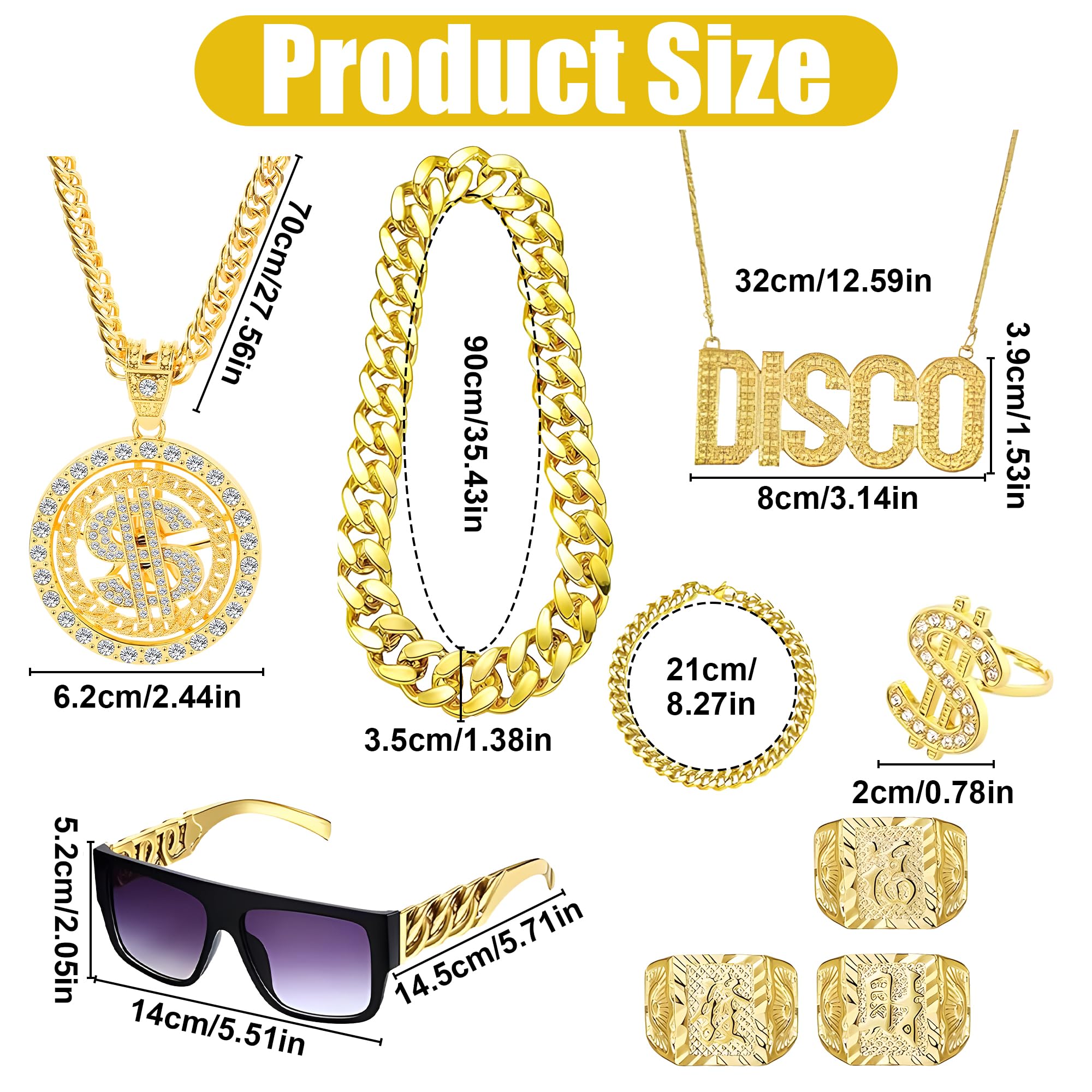 MOSNOW Gold Digger Costume Kit, 9Pcs Hip Hop Accessories with Fake Chain, Money Necklace - Image 2