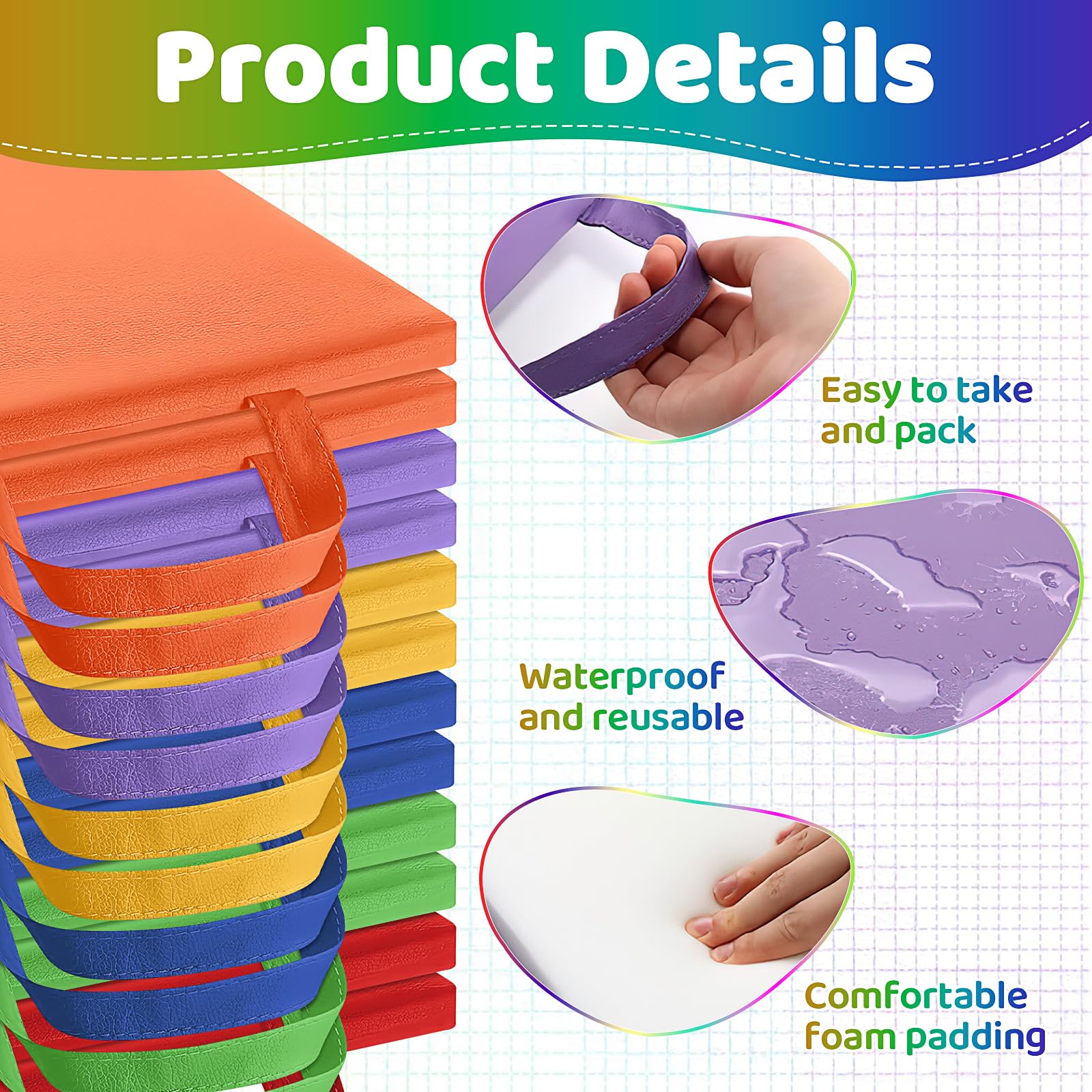 Bodenkissen für Klassenzimmer, 12er Sitzmatten aus Eva Schaum mit Griff, Wasserdicht rutschfest, Flexible Bodensitze in 6 Farben, Rechteckig (30 x 30 x 2,5 cm)