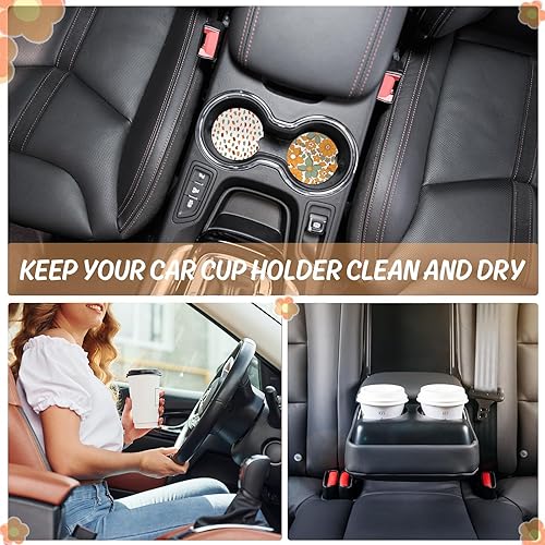 Miniatura 5 de AnyDesign 6 posavasos bohemios para automóvil, diseño retro Groovy Boho con muesca para los dedos, base de corcho antideslizante, cerámica