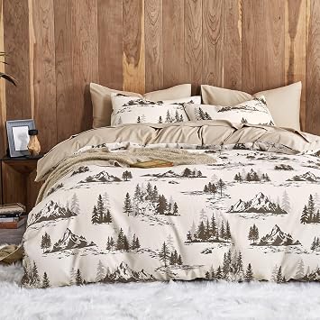 Wake In Cloud - Rustic Comforter Set, Cabin Lodge Cottage Country Charm with Mountain and Natural Forest Theme, Soft Lightweight Bedding, 3 Pieces, Beige Brown, King Size