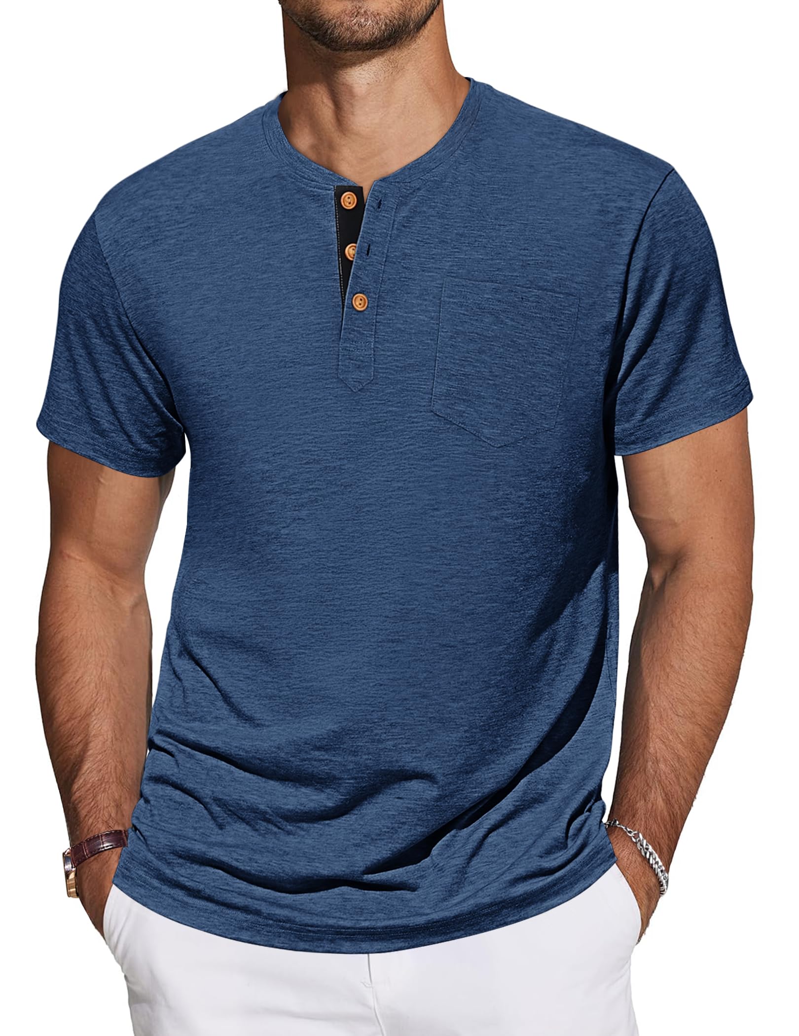 TARAINYA Henley T-Shirts Herren Baumwolle Shirt Kurzarm Einfarbig Basic Tee Männer Sommer mit Tasche M-4XL