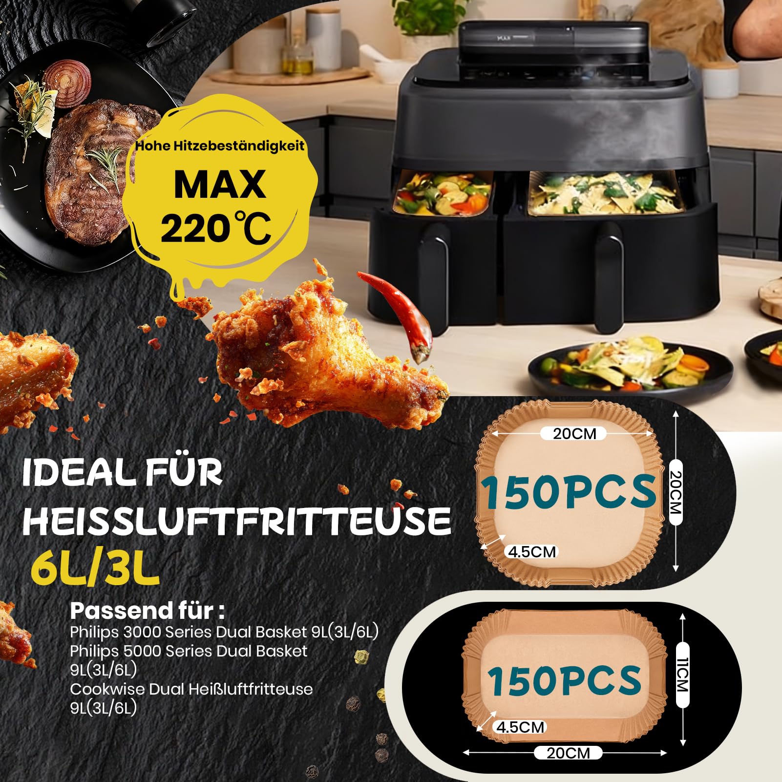 300 Stück Airfryer Backpapier für Philips Dual Basket Airfryer 3000 Series 9L(6L/3L), 5000 Series 9L(6L/3L), Backpapier für Heißluftfritteuse Philips NA350/00 NA550/00, Cookwise 2 kammern 9L(3L&6L)