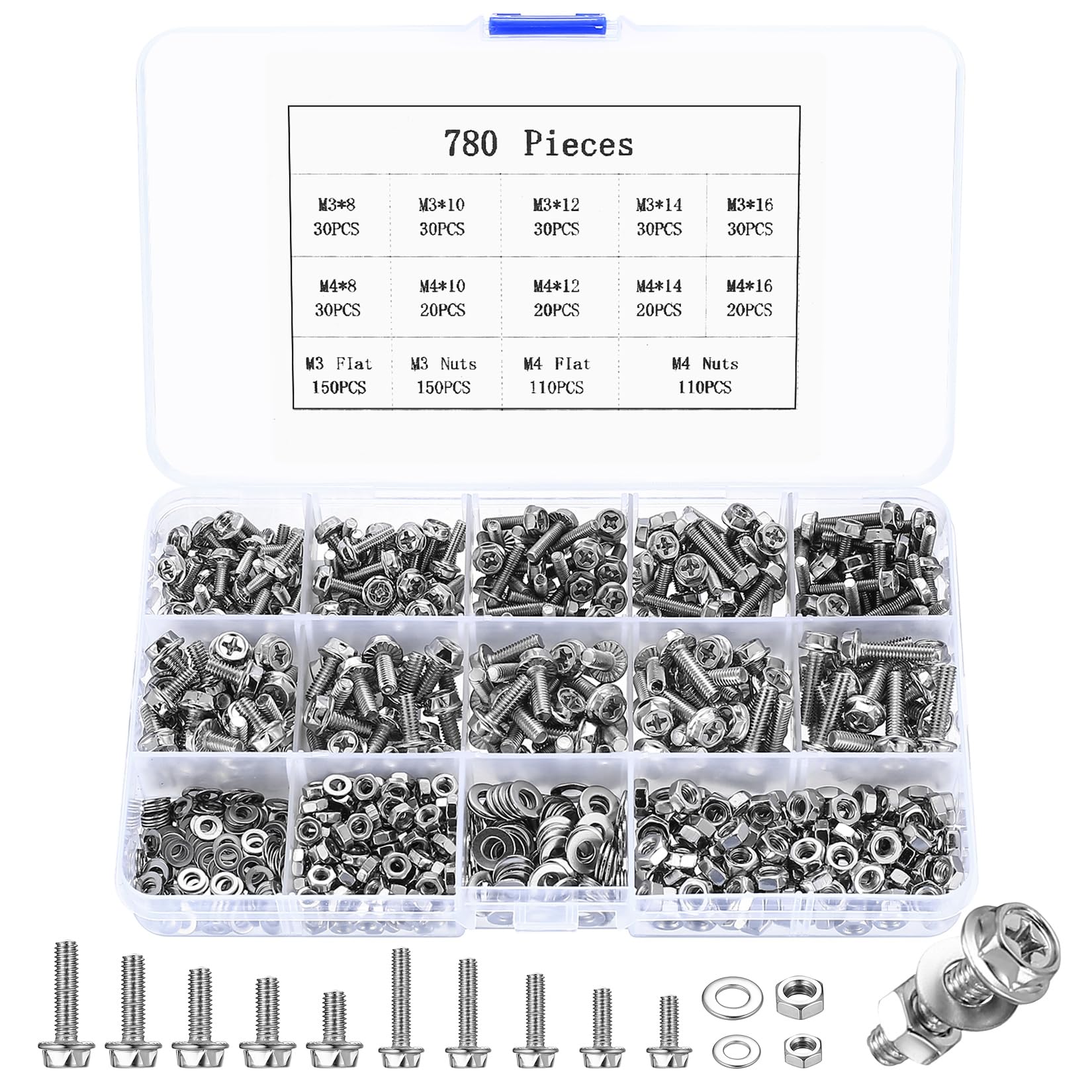 780 Pcs M3 M4 Assorted Bolts and Nuts Set, Machine Screws Nuts Set with Washers Set, Cross Hex Flange Bolts Set, Phillips Hexagon Head Flange Bolt Washers Set