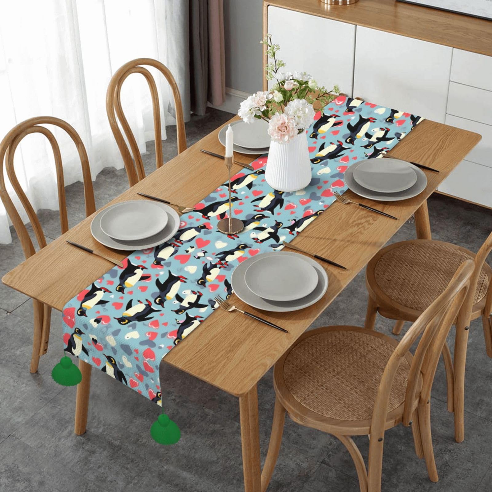 Chemin de table imprimé de pingouins pour mariage et table de ferme