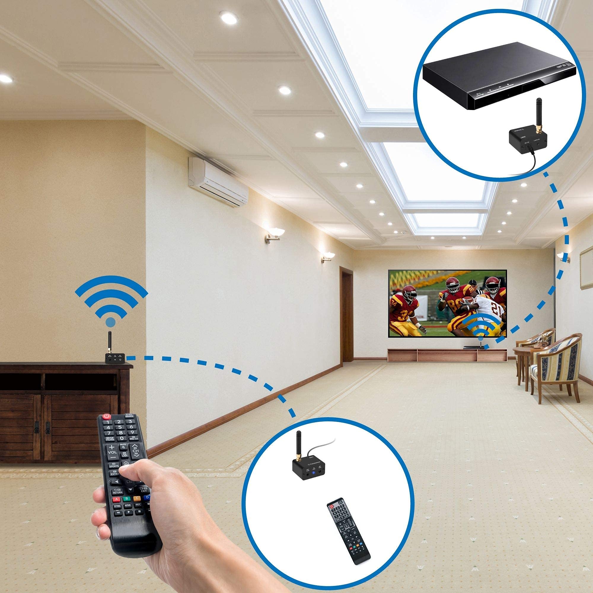 SIIG Pro CE-RC0111-S1 Kit d'extension de télécommande infrarouge Répéteur de signal Amplificateur de signal IR 20 à 60 kHz – Émetteur et récepteur alimentés par USB avec bouton d'appairage – 200 m
