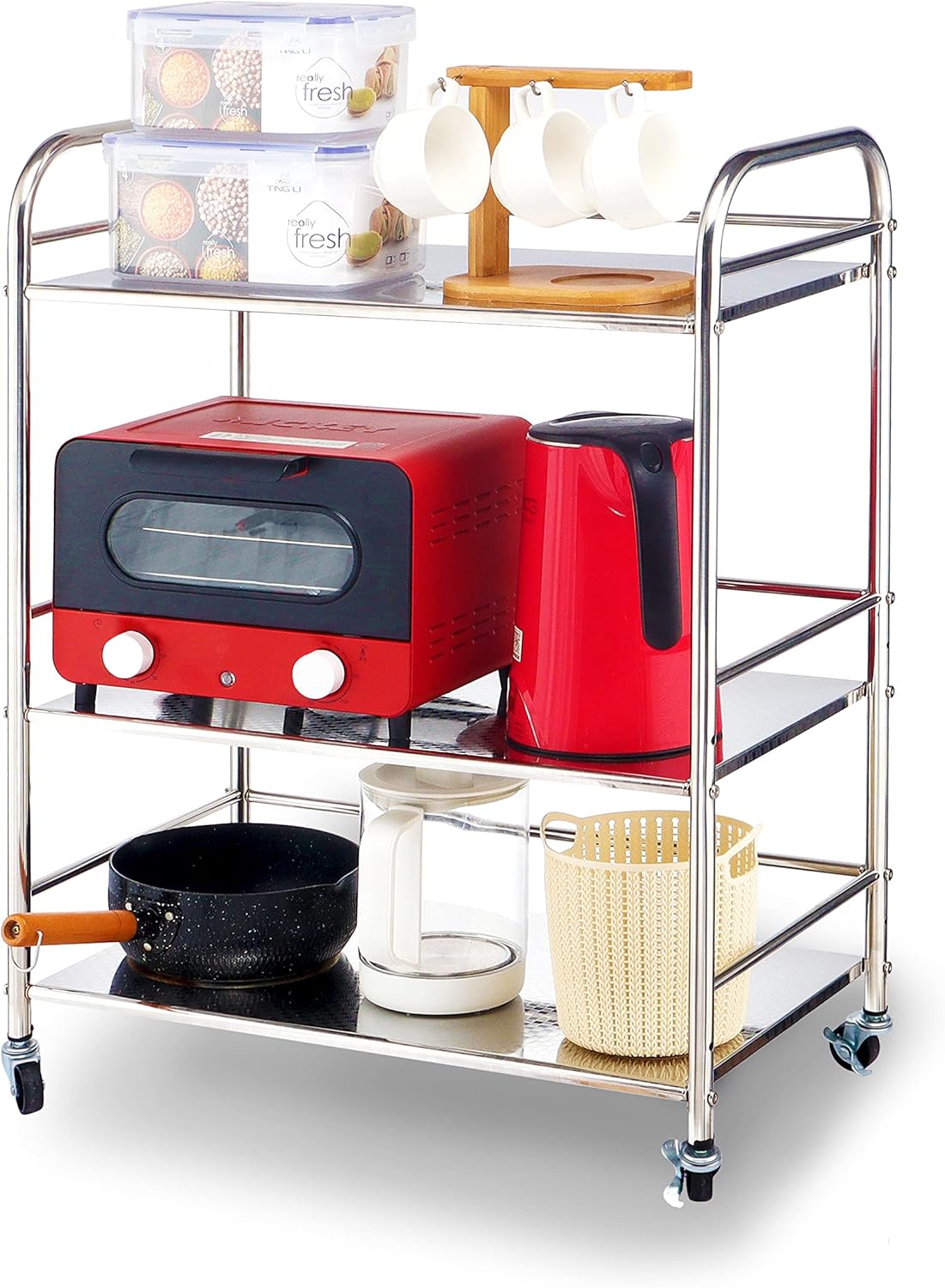 Stainless Steel Cart with Wheels 3 Tier Kitchen Cart with Storage Metal Rolling Cart Bathroom Storage Cart Bathroom Cart Organizer with Brake Wheel 3T