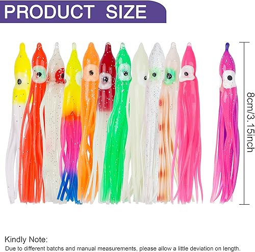 Miniatura 4 de Señuelo de faldas de calamar de pulpo, 45 piezas de señuelo multicolor de plástico suave, señuelo de pesca para trucha de salmón y lubina