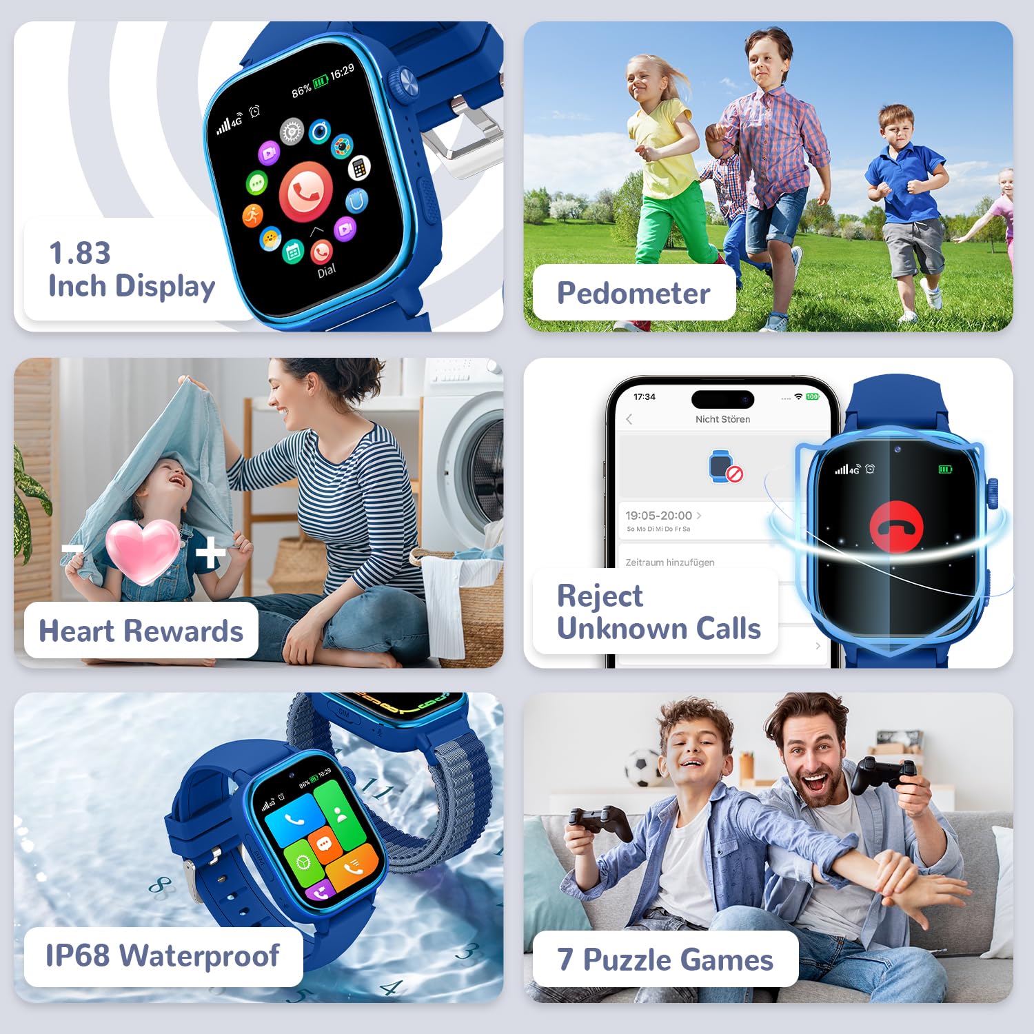 SWGOTA 4G Smartwatch Bambini con GPS e Telefono, Orologio Smartwatch Bambini con Videochiamate, Messaggi, modalità Scuola, SOS, Impermeabile IP68, Contapassi - Regalo per Ragazzi e Ragazze (Blu)