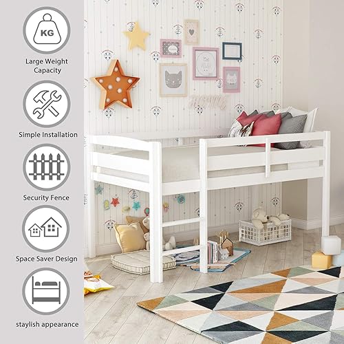 Miniatura 4 de Harper & Bright Designs Cama baja tipo loft tamaño individual, marco de cama tipo loft de madera clásica para niños, con escalera y barandillas para