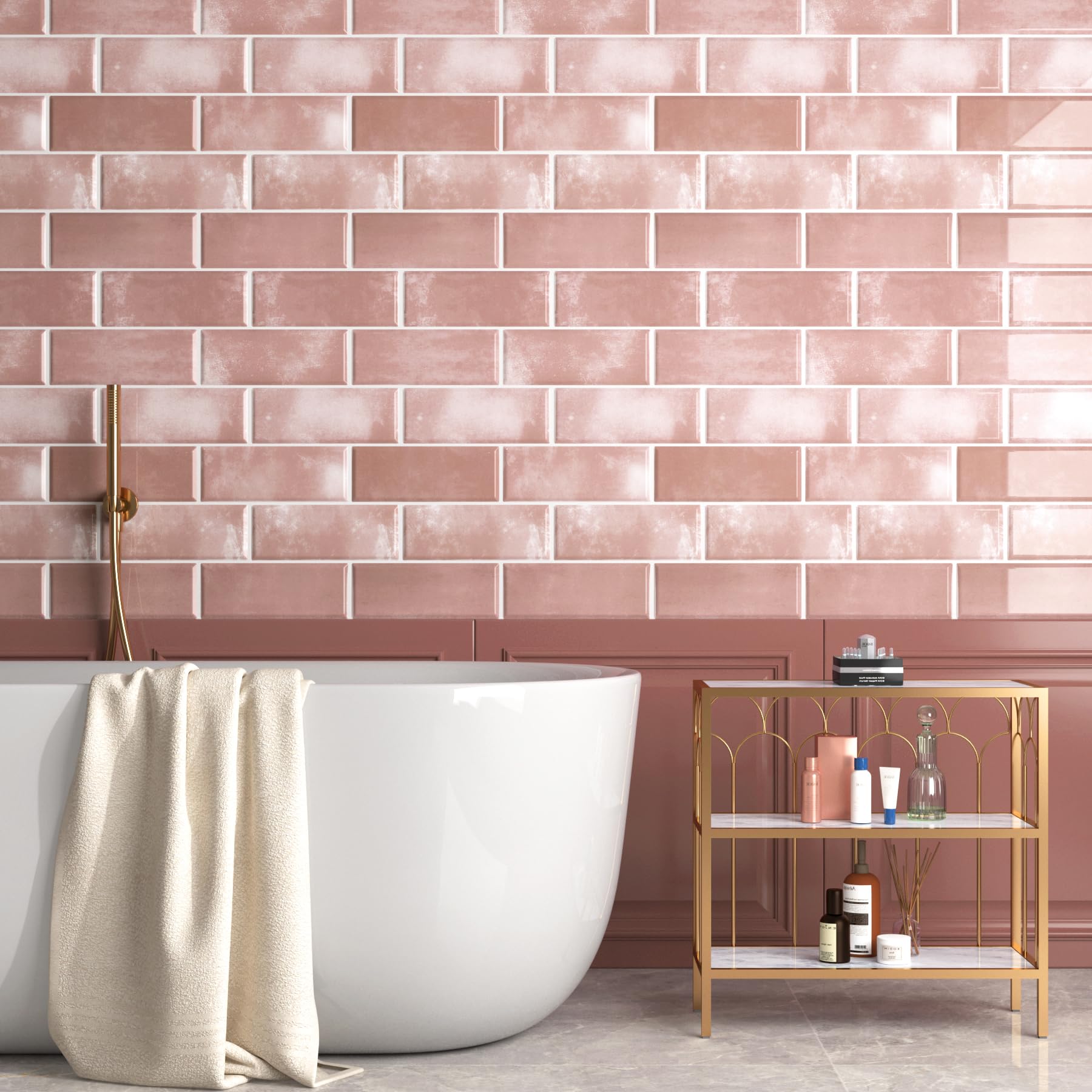 FunStick 30×30CM 15 Baldosas Adhesivas 3D Pared Cocina Rosa Azulejos Adhesivos Baño Impermeable Vinilo de Paredes Decorativos Cocina Azulejos Adhesivos Pared Salon Rosa Losetas Vinilicas para Baño