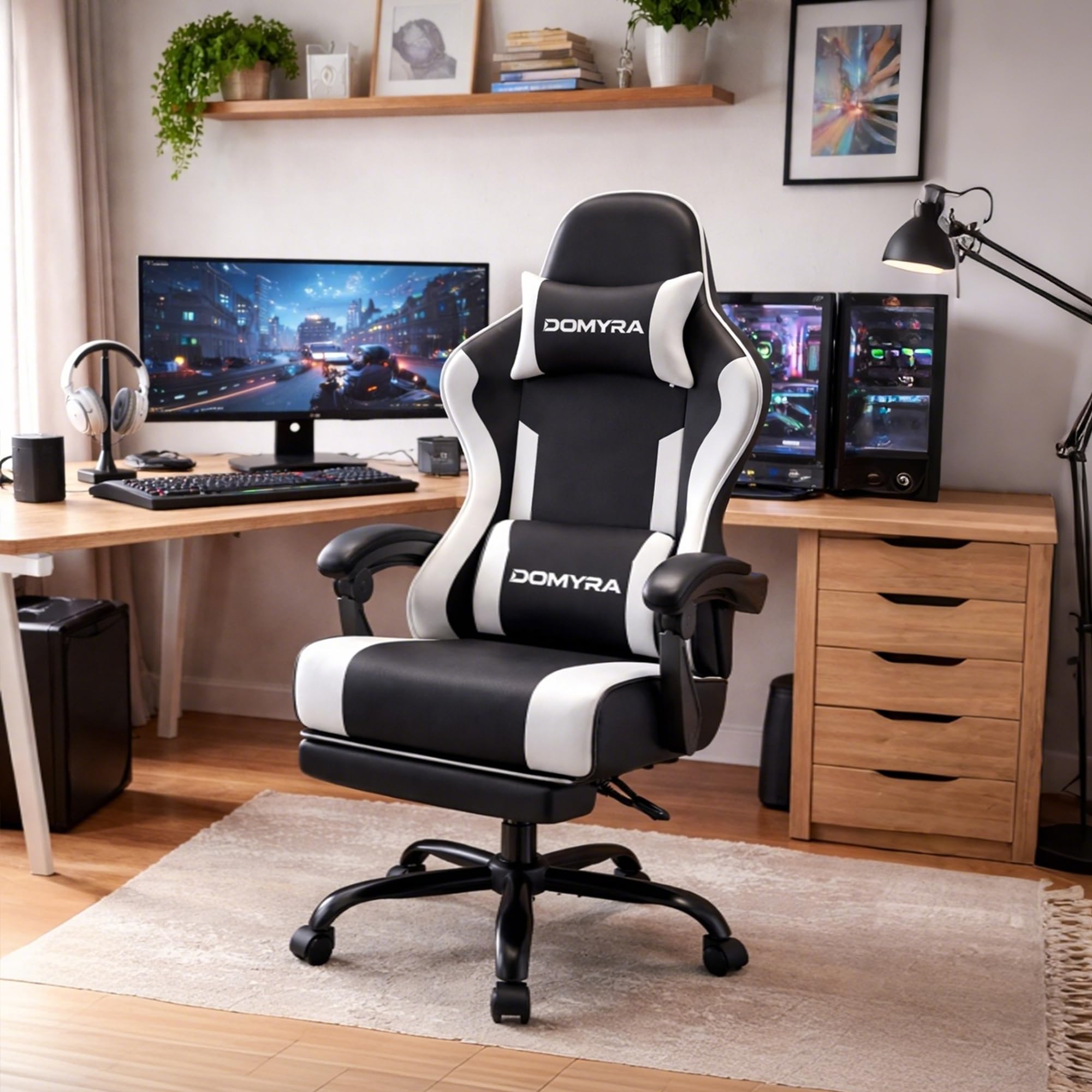 Gaming Chair Gamer Game - Ergonomic Gaming Chair with Footstool, Headrest, and Lumbar Support Height Adjustable Leather Game Chair’s 150 KG Load Bearing Capacity Black