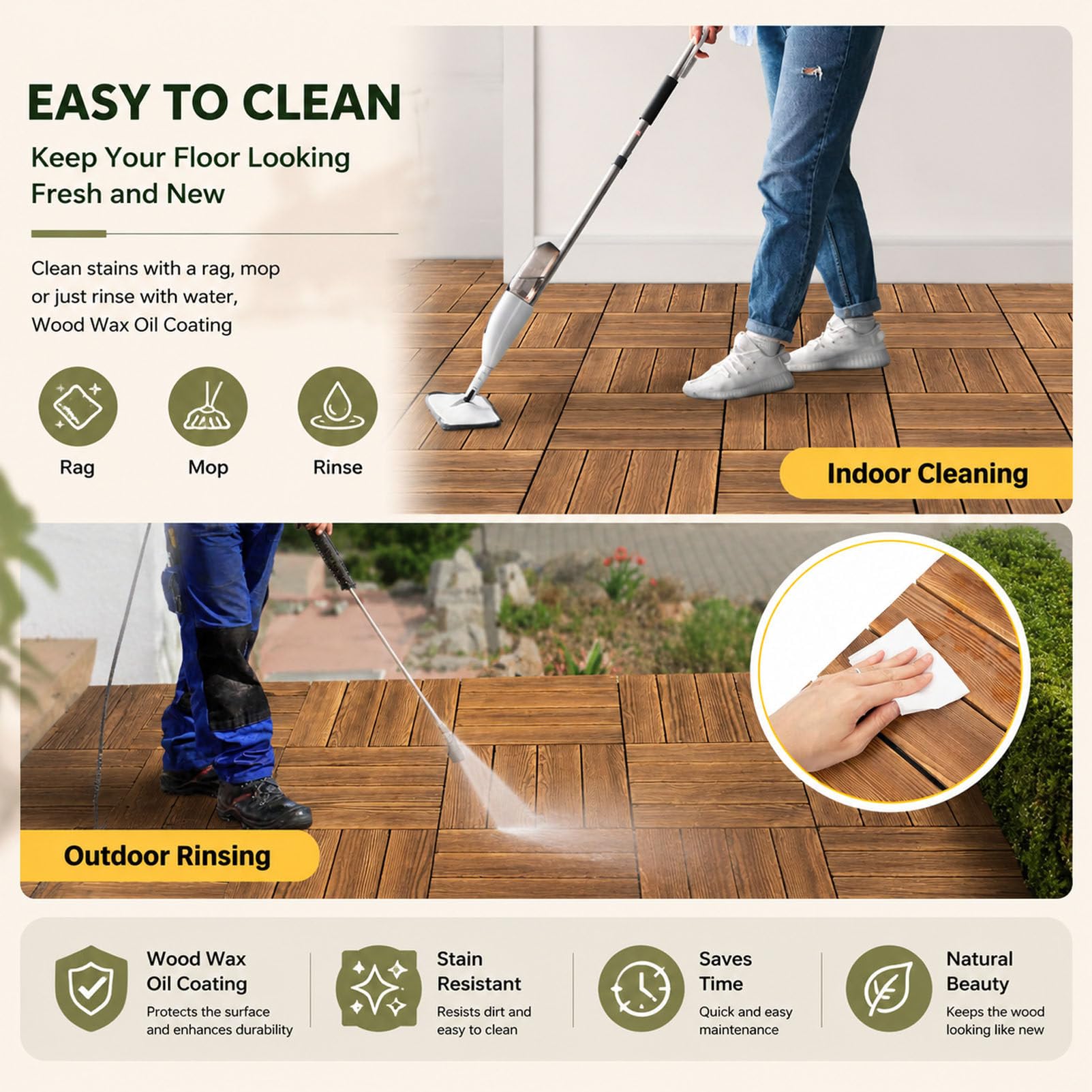 Piastrelle per pavimentazione in Legno di Acacia con Base in PE 12-Slat-33pc | Pavimentazione a incastro 30x30 cm con sistema "click"; piastrelle in legno antiscivolo per esterni (giardini e terrazzi)