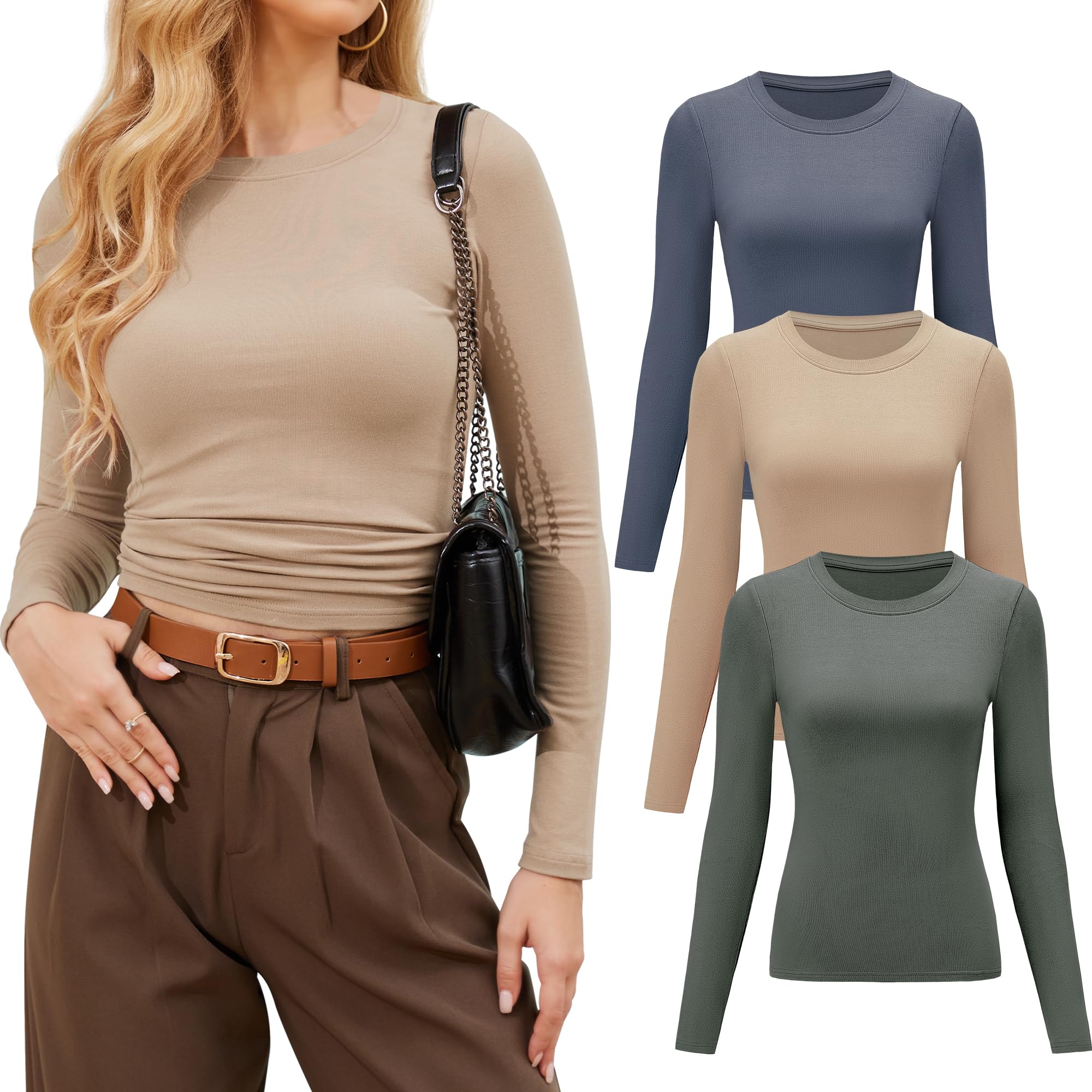 JOVCOVL 3er Pack Langarmshirt Damen Slim Fit Y2K Top Enges Langarm Longsleeve Oberteil Rundhlas Unterhemd Einfarbig Dehnbar Aesthetic Shirts Teenager
