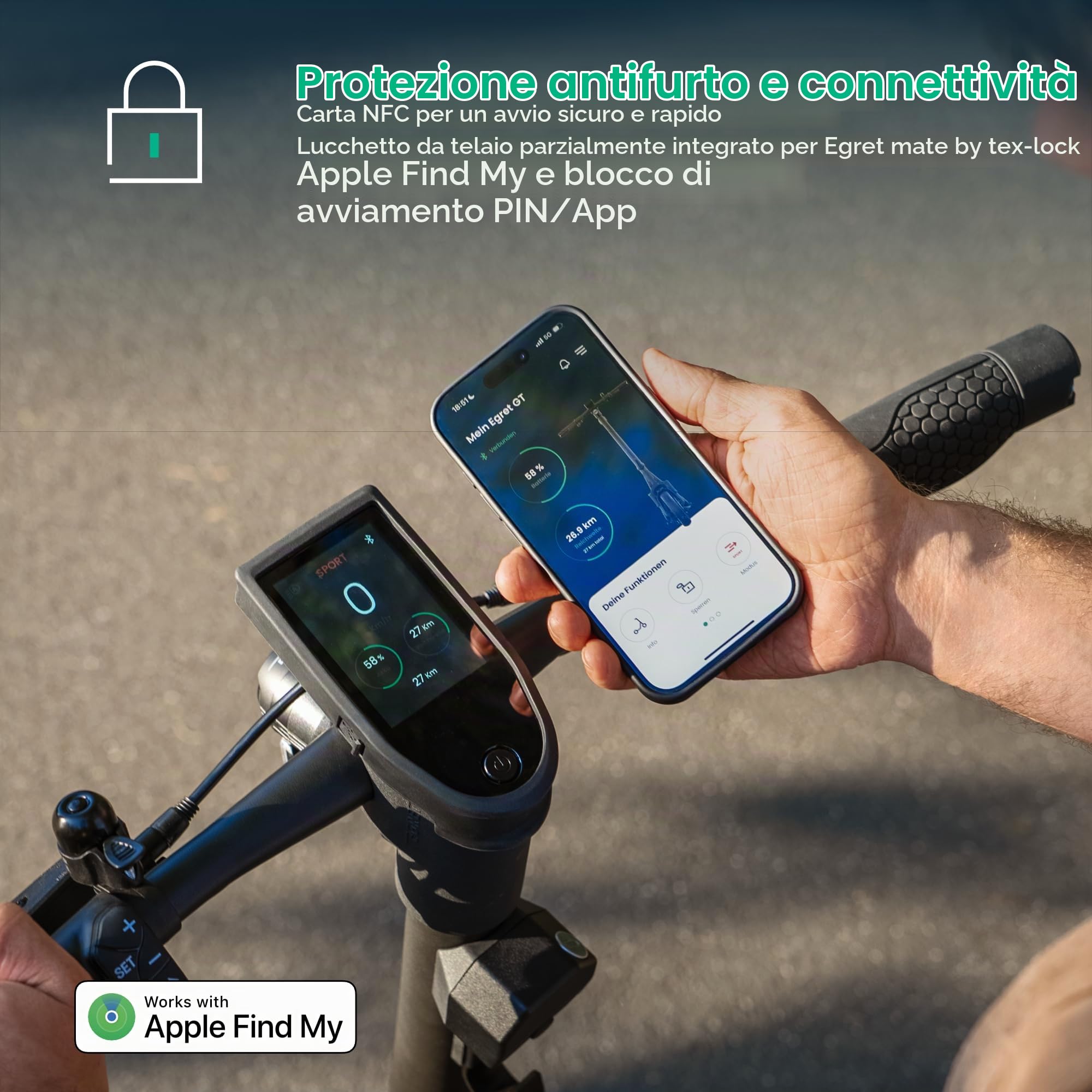 Egret GT scooter elettrico con omologazione stradale per adulti, portata 75 km, pneumatici da 13 pollici, freni idraulici, NFC e Apple Find My, portata 150 kg