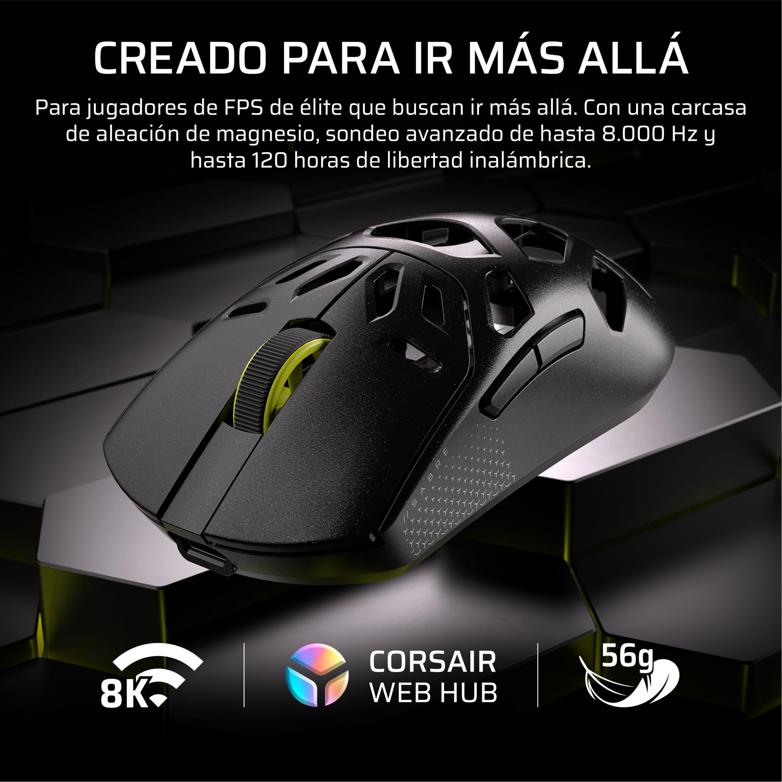 Corsair Sabre v2 Pro Wireless MG FPS Ratón para Juegos – Negro | Sensor MARKSMAN S de 33 000 ppp, Sondeo Avanzado de 8.000 Hz, Magnesio Duradero, Ligero, Batería de Hasta 120 Horas