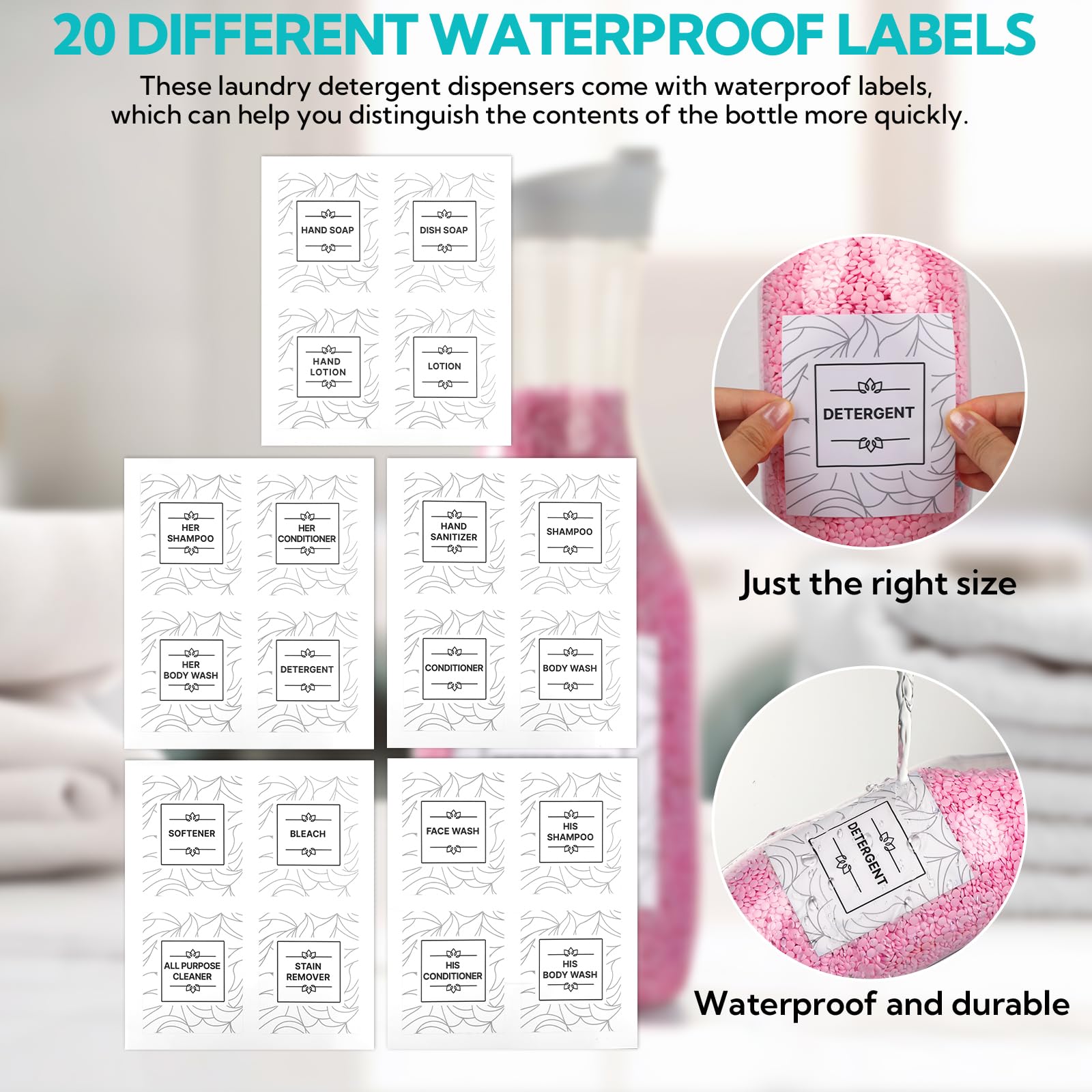 Confezione da 4 dispenser per detersivo per bucato, in plastica, da 1502,5 g, con 20 etichette per organizzare la lavanderia, per polvere liquida, candeggina, profumo, perline, sapone e ammorbidente