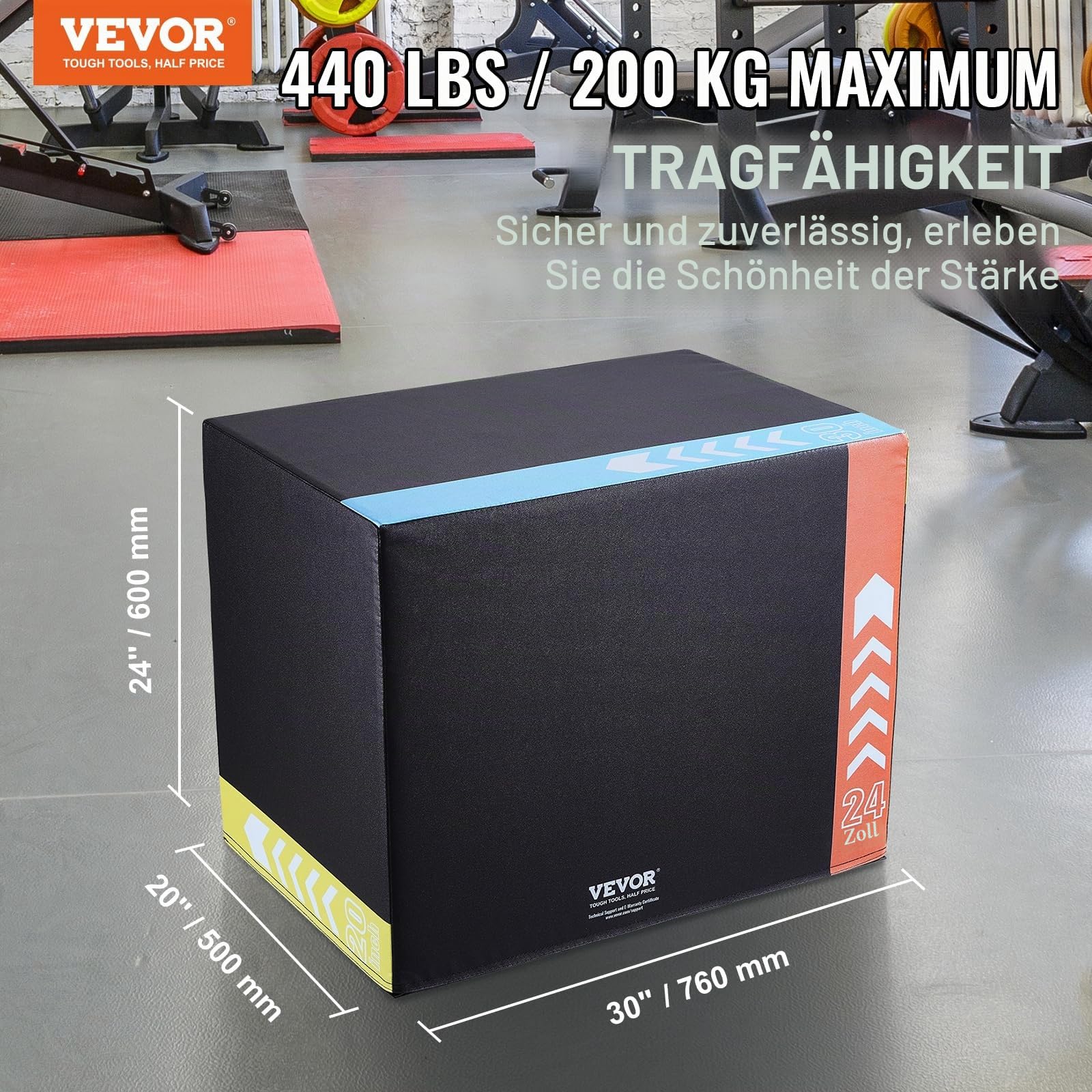 VEVOR 3 in 1 Plyometric Jump Box, Cotton Plyo Box, Platform & Jumping Agility Box, Anti-Slip Fitness Exercise Step Up Box for Home Gym Training, Conditioning Strength Training, Multiple Sizes, Black