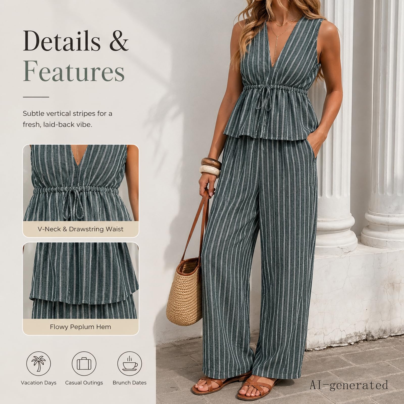 Women's 2 Piece Outfit Striped V Neck Sleeveless Cinched Peplum Tank Top Wide Leg Pants Summer Casual Travel Vacation Set