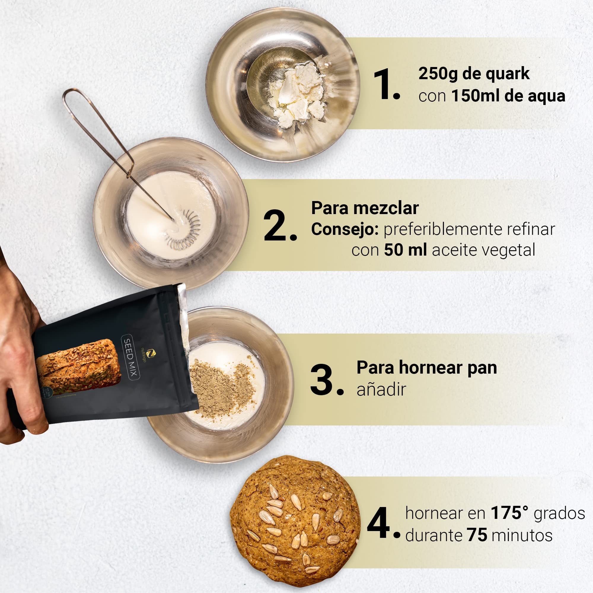 Seed Mix - Mezcla para hornear pan de proteínas 3x200g. | para 1,65 kg de pan | 4g. carbohidratos | Sin cereales | Sin gluten | Para Paleo, Keto baja en carbohidratos | Apto para diabéticos