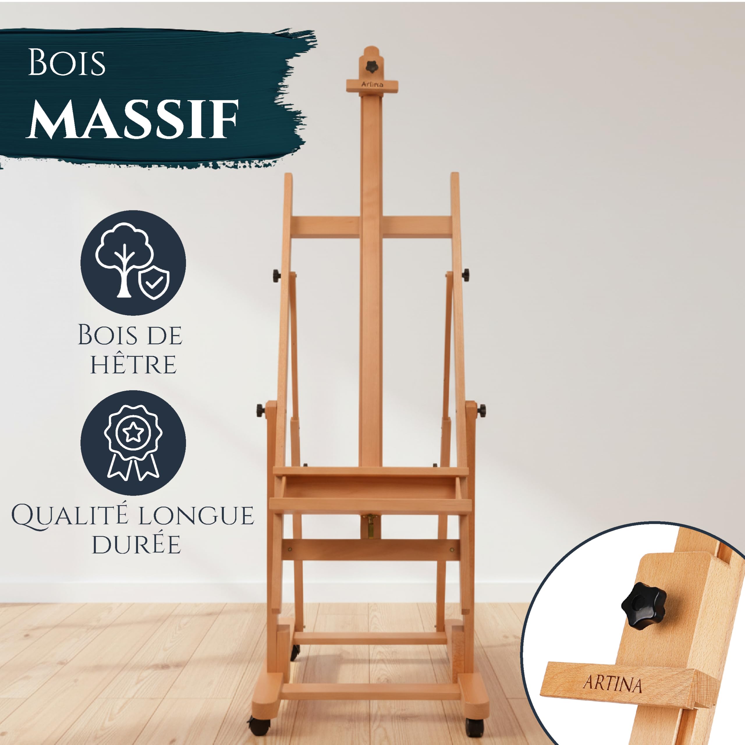 Artina chevalet professionnel atelier bois massif de hêtre pour toiles