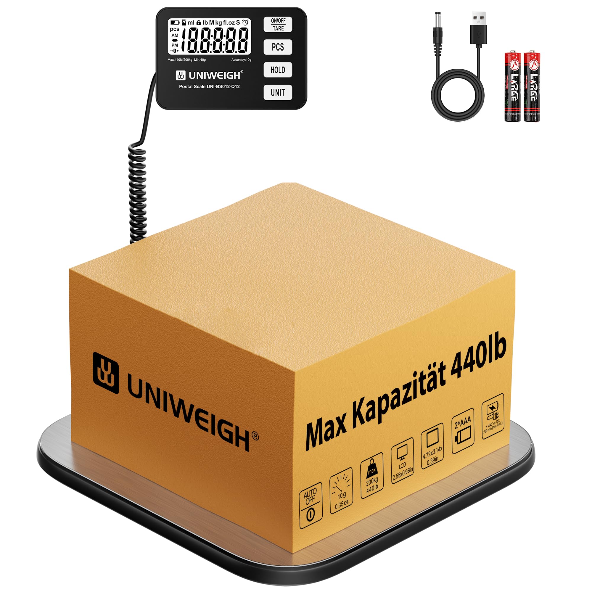 UNIWEIGH Paketwaage 440 lb/0,35 oz Genauigkeit, digitale Briefwaage für Pakete mit PCS/Halte/Tara Funktion, Plattformwaage für kleine Unternehmen, Gepäck, Heimgebrauch, Batterie und USB-A