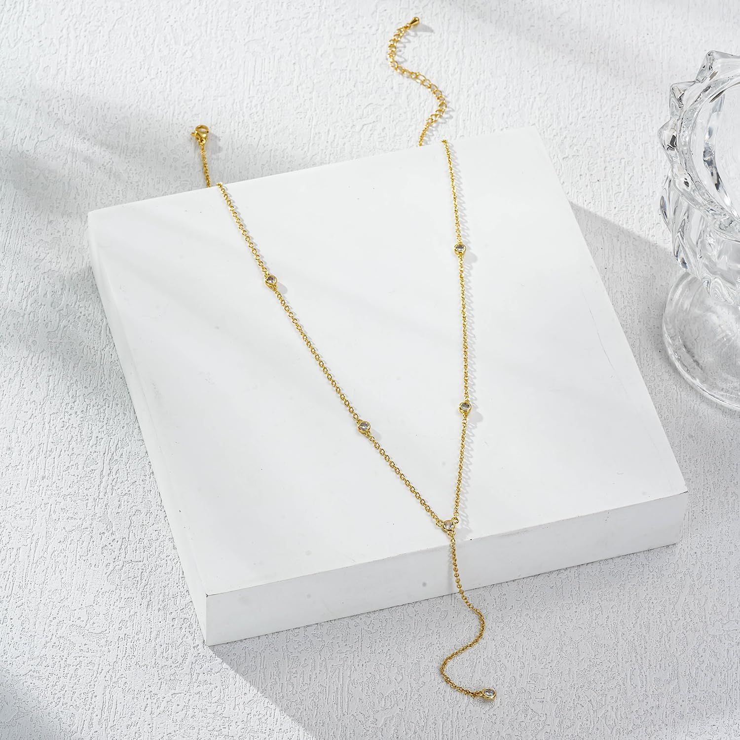 Gold Long Necklace for Women, Dainty Gold Lariat Necklace 14k Gold Plated/Silver Y-Shaped Necklaces Layered CZ Beaded Chain Drop Pendant Necklaces Trendy Simple Jewelry Gifts for Women - Image 6