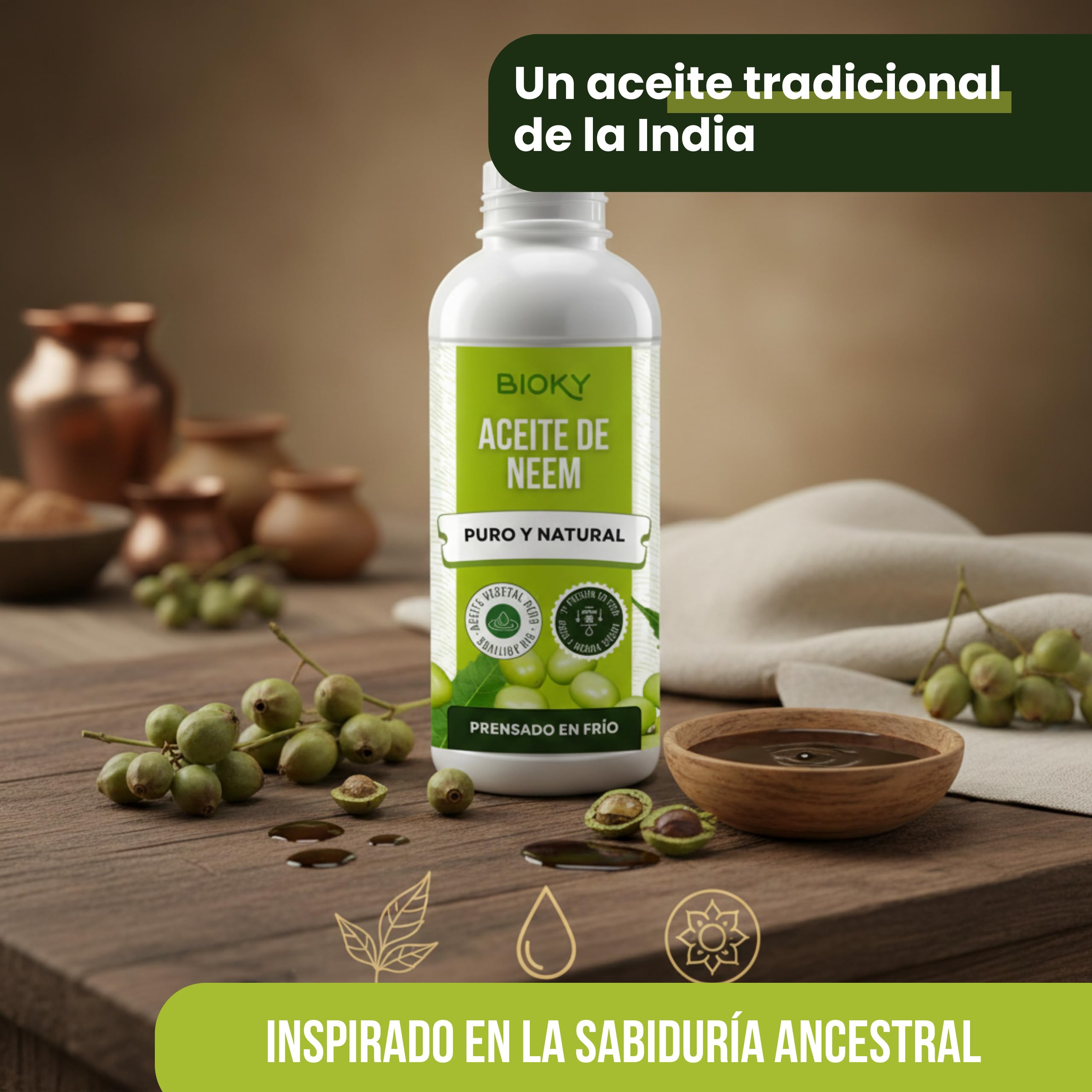 Bioky Aceite de Neem 2 Litros (Pack 1L + 1L) | Neem Puro y Natural - Extraído 1ª Presión en Frío | Aceite Multiusos