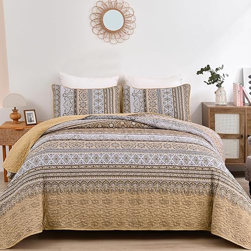 Vista 121 de WONGS BEDDING Juego de edredón bohemio tamaño Queen Aqua, juego de colcha de 3 piezas a rayas, de microfibra ligera y suave bohemia para todas
