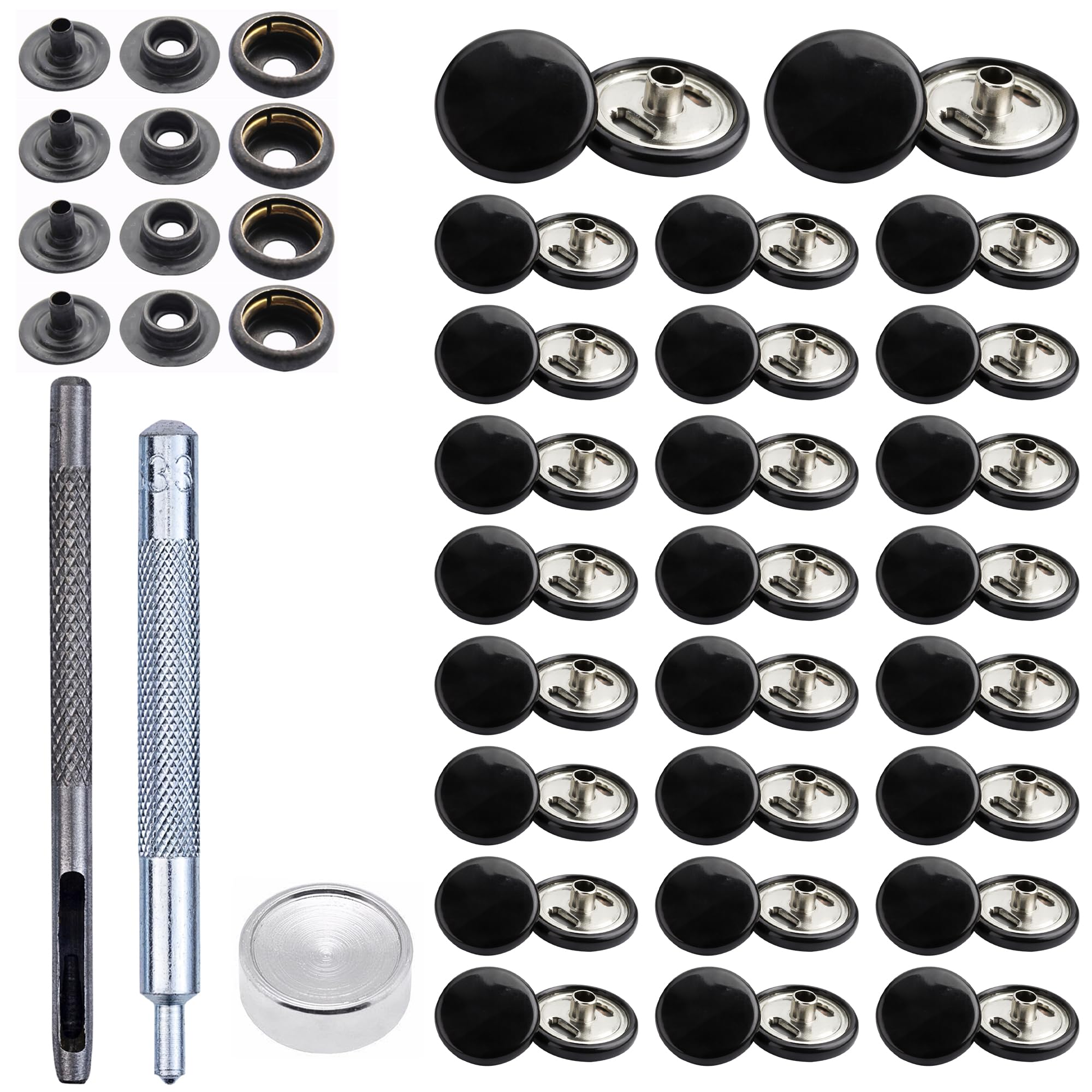 WedDecor Botones a presión de 15 mm de metal duradero de 4 piezas con herramienta de fijación manual para manualidades de cuero, chaquetas, bolsos, correas, jeans, reparación de ropa, negro, paquete